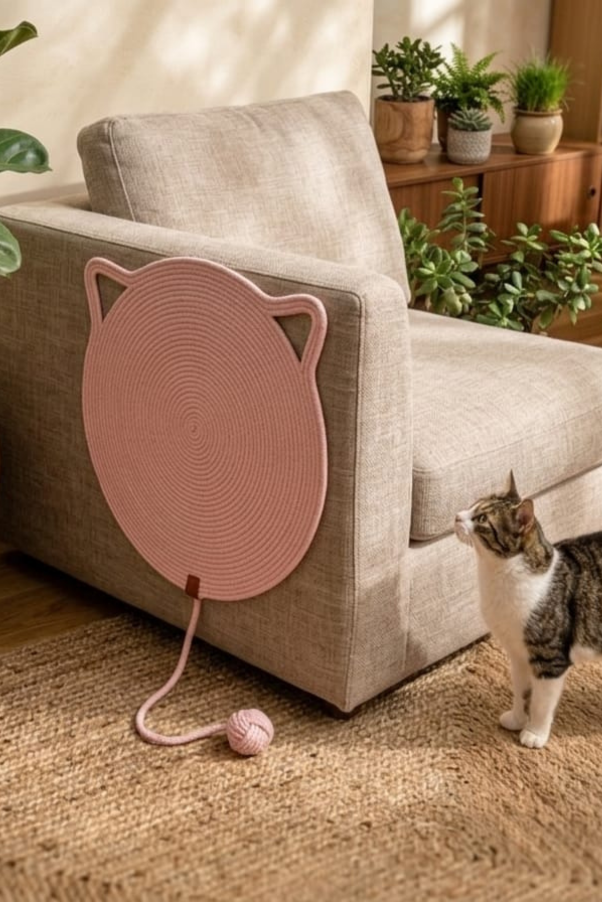 Reyo Pet El Yapımı Oyuncaklı Kedi Tırmalama Matı Tress İpli Pembe