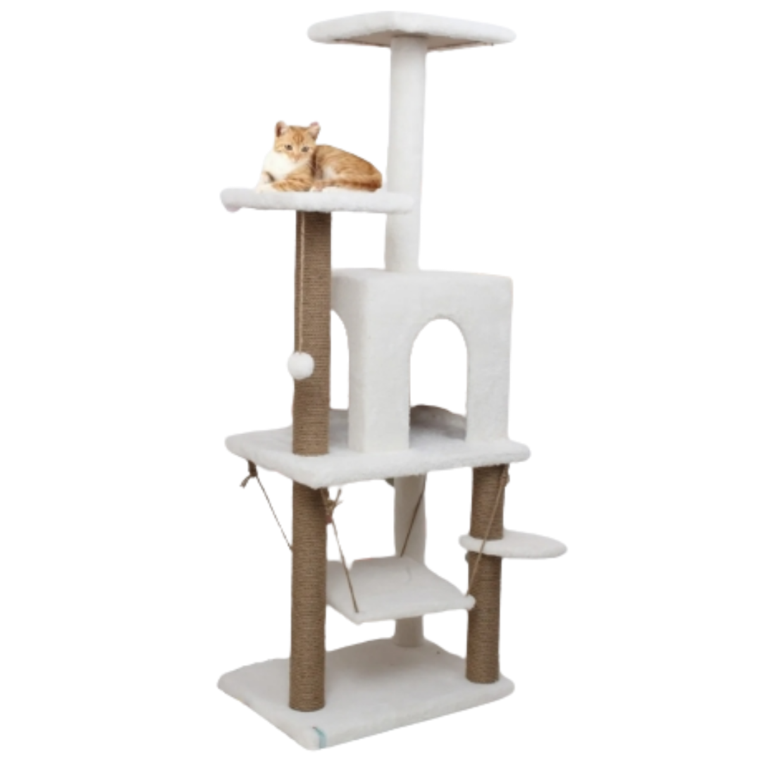 Reyo Pet Y01 Salıncaklı Yuvalı Lüx Kedi Tırmalama Oyun Evi Beyaz