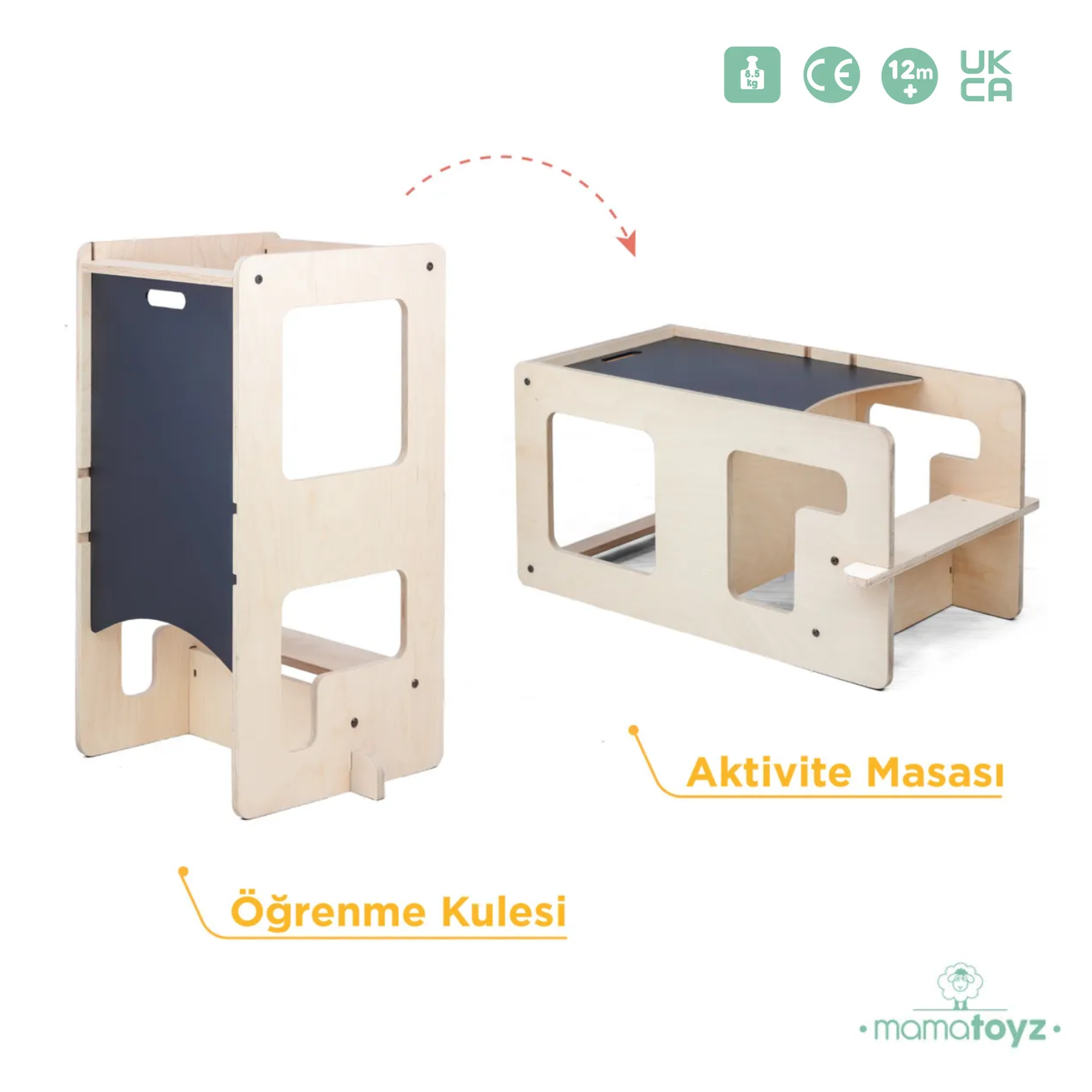 Mamatoyz Flip Natural 3'ü 1 Arada Öğrenme Kulesi & Aktivite Masası & Yazı Tahtası