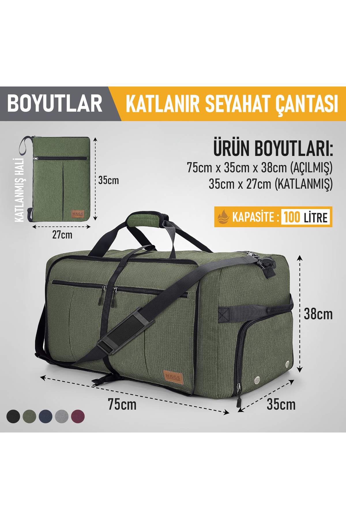 Haegs Katlanabilir Seyahat Çantası, Bavul Valiz Büyük Boy El Bagajı Çantası Erkekler ve Kadınlar için, Ayakkabı Bölmeli Hafta Sonu Geceleme, Katlanır Hurç Çanta 100L - Haki