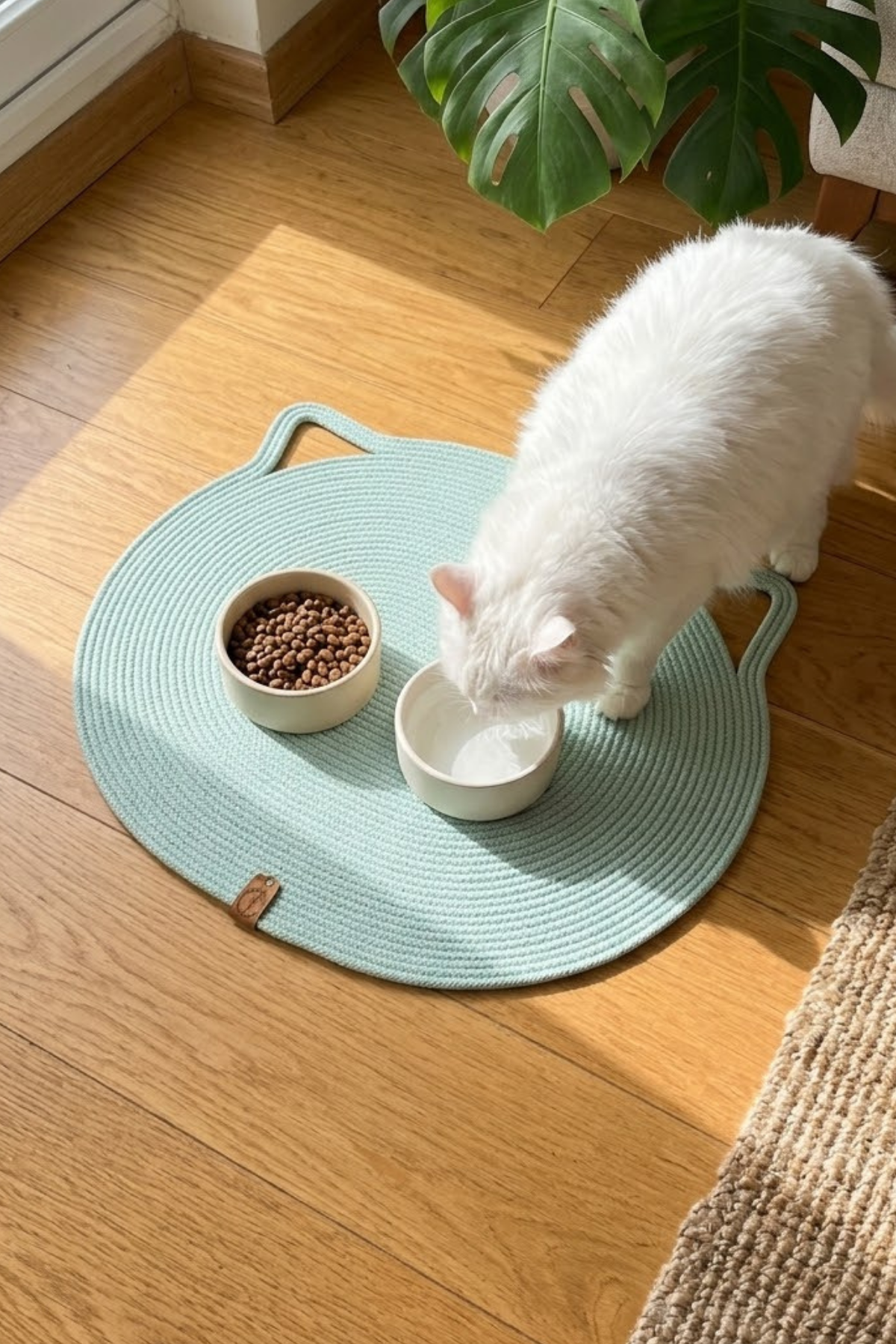 Reyo Pet El Yapımı Kedi Kulaklı Tırmalama Matı, Kedi ve Köpek Mama Matı %100 Pamuk Çağla Yeşili