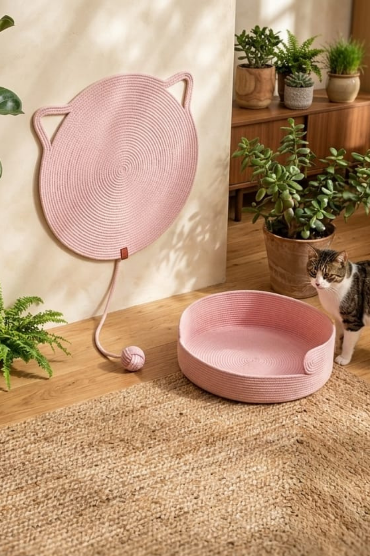 Reyo Pet El Yapımı Oyuncaklı Kedi Tırmalama Matı Tress İpli Pembe