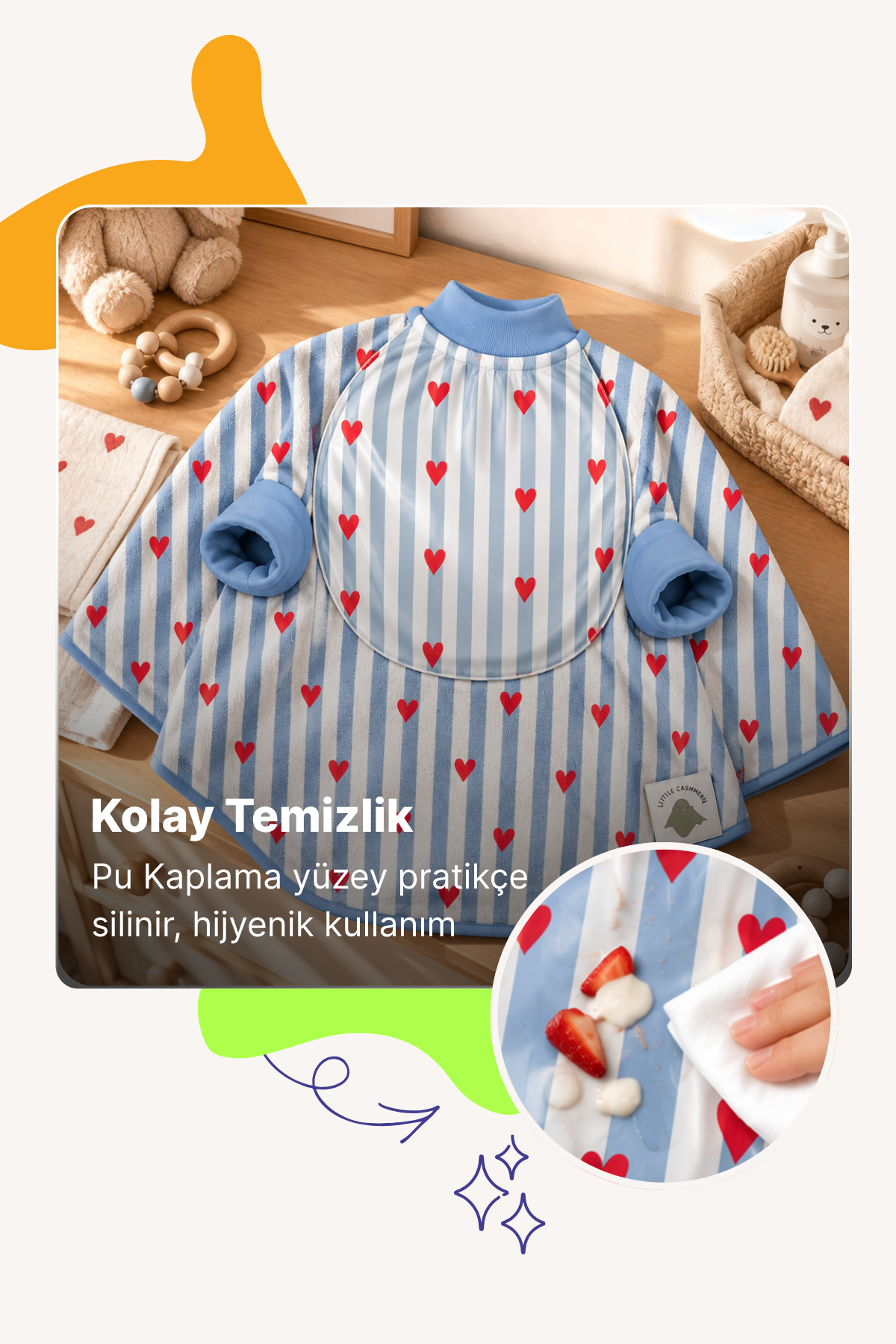 Reyo 6 Ay-6 Yaş Silinebilir, Uzun Kollu Bebek Mama Önlüğü, Çocuk Aktivite Önlüğü, Pamuklu, Sıvı Geçirmez İç Katmanlı Havlu Bebek Beslenme Önlüğü - Love