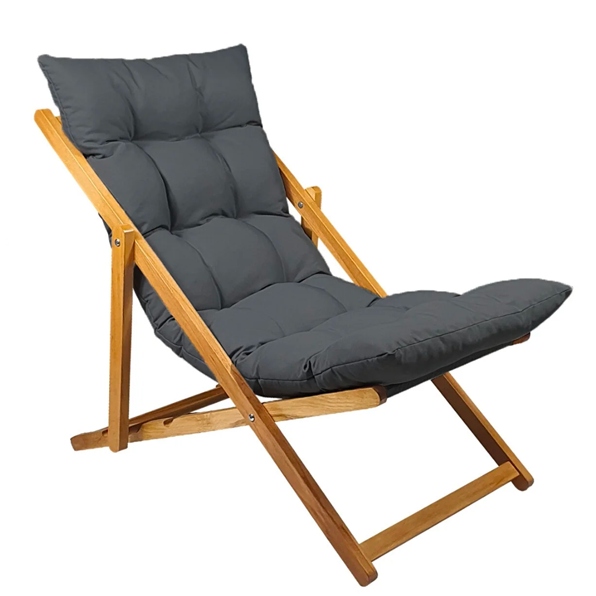 Bysay Ahşap Katlanabilir Taşinir Puf Minderli Şezlong. Plaj Bahçe Teras Balkon Sandalyesi Koltuğu Antrasit