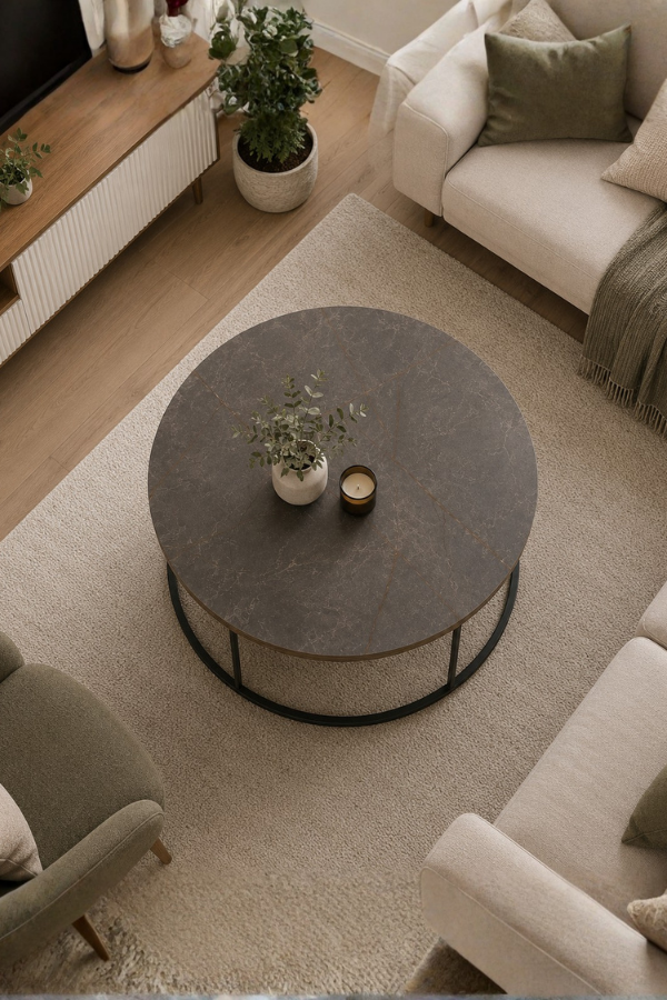 Reyo Falez Terra Lüx Gordion Yuvarlak Orta Sehpa – Modern Metal Ayaklı Salon ve Oturma Odası Sehpası 70 cm
