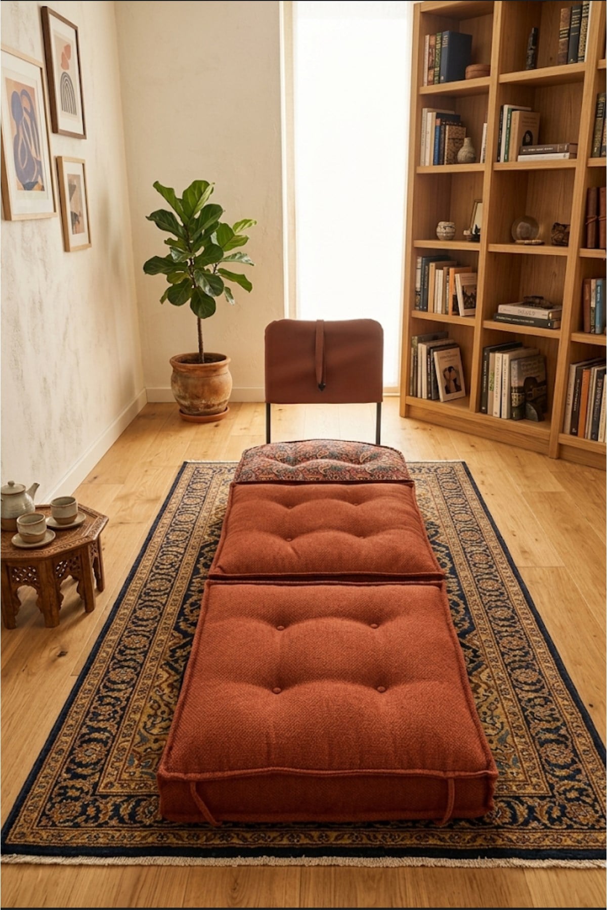 Pufymax Comfy Plus Oval Bohem Tekli Koltuk Yatak Olabilen Katlanır Berjer & Modüler Yer Yatağı 75x75x 90 cm Kiremit Desenli