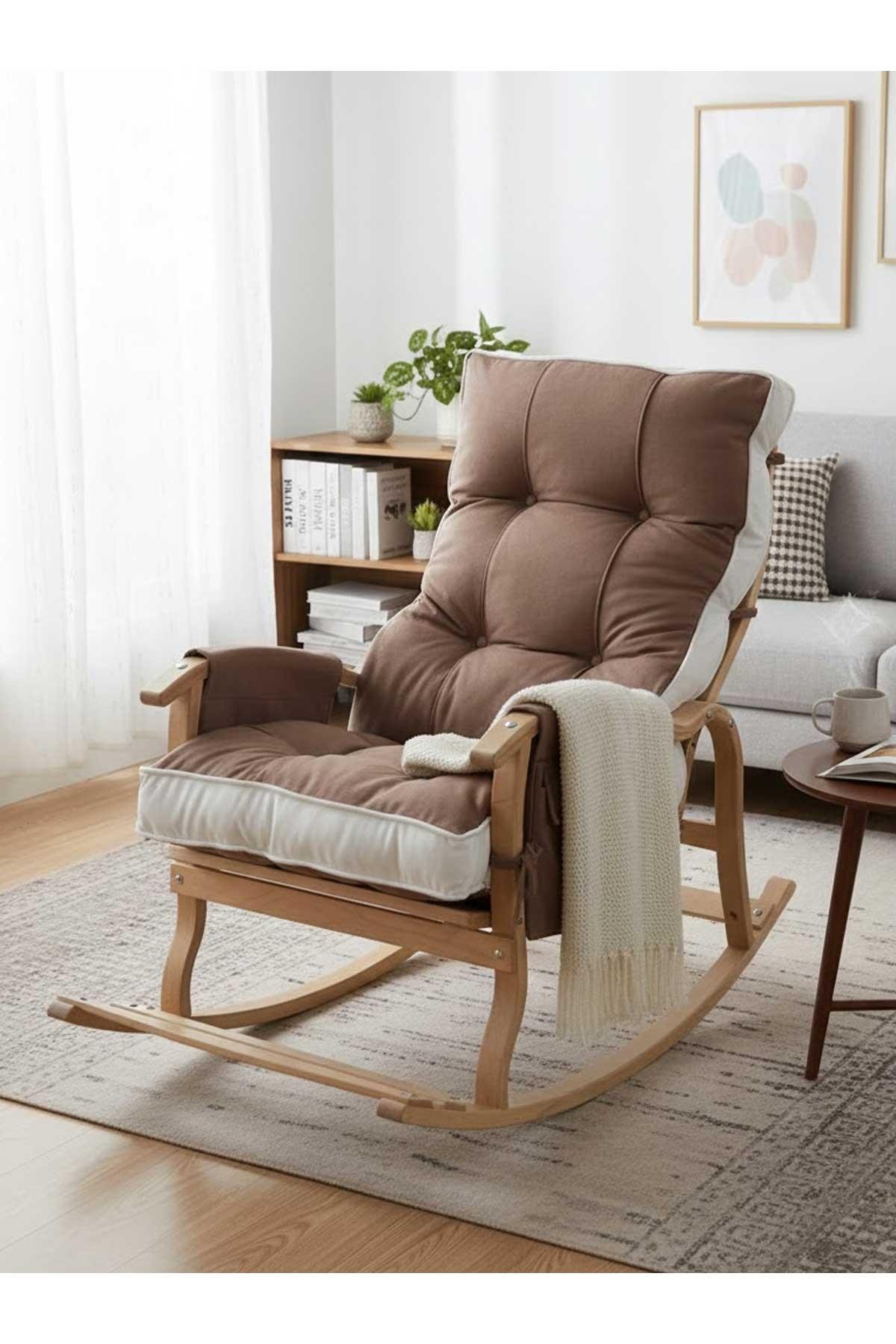 Reyo Home Asos Lüks Çift Minderli Sallanan Sandalye Tv Koltuğu Kahve/Krem