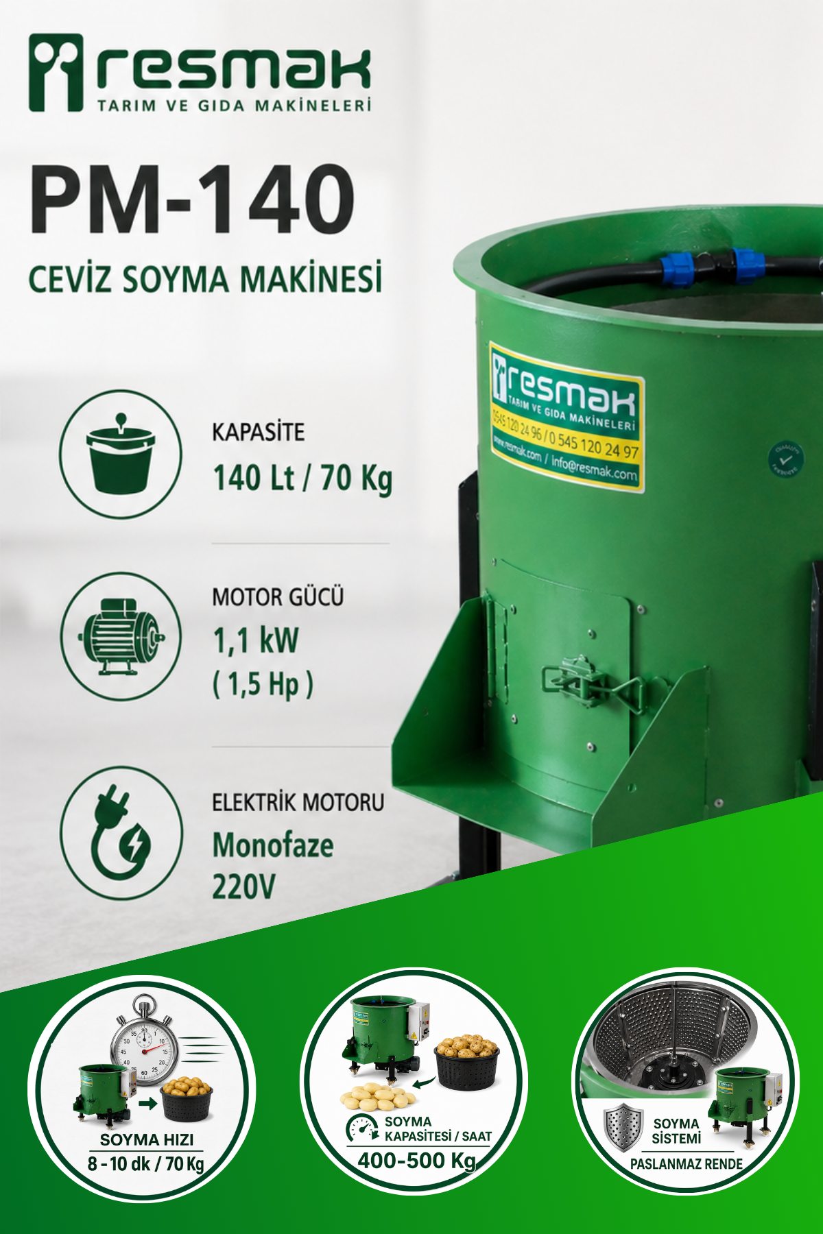 Resmak PM140A 140 Litre 70 Kg Devir Ayarlı Ceviz Soyma Makinesi