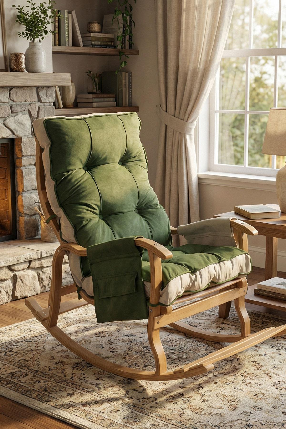 Reyo Home Asos Lüks Çift Minderli Sallanan Sandalye Tv Koltuğu Yeşil/Krem