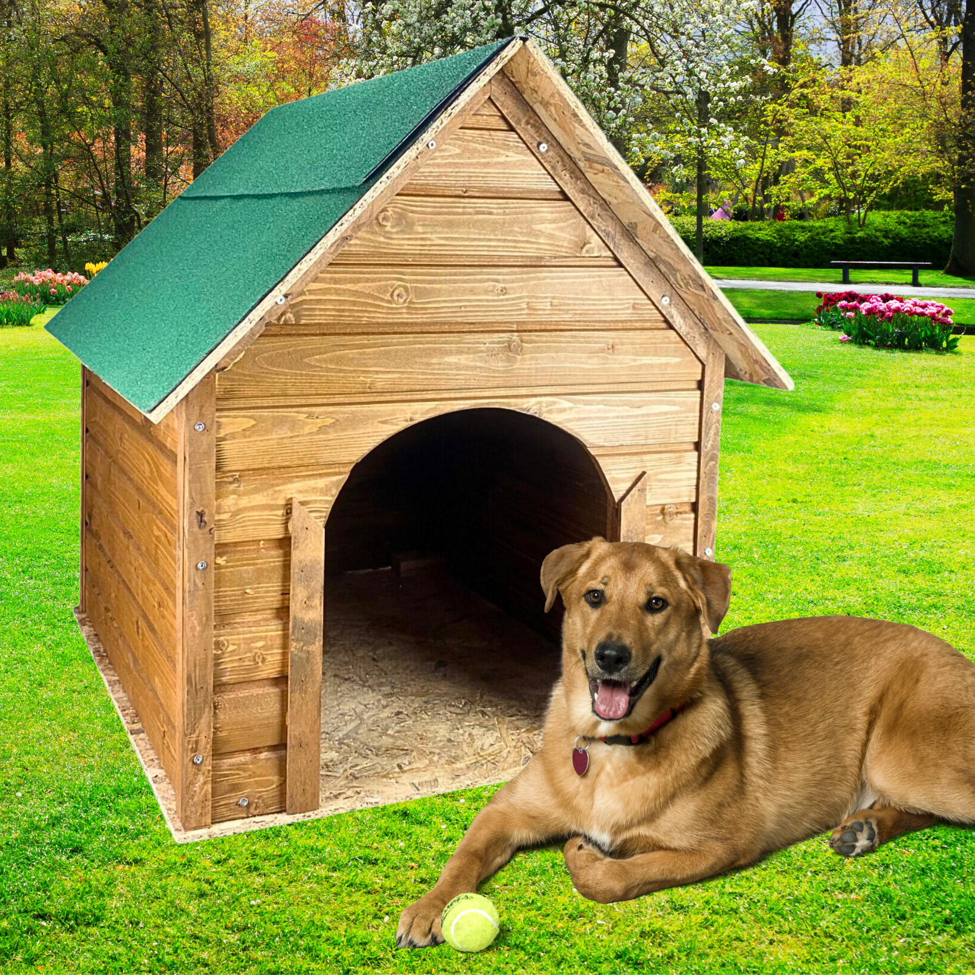 Reyo Pet Suya Soğuğa Dayanıklı Lüks Büyük Boy Ahşap Köpek Kulubesi Sokak Köpek Evi Yeşil Çatılı 100x100x78 cm Ceviz