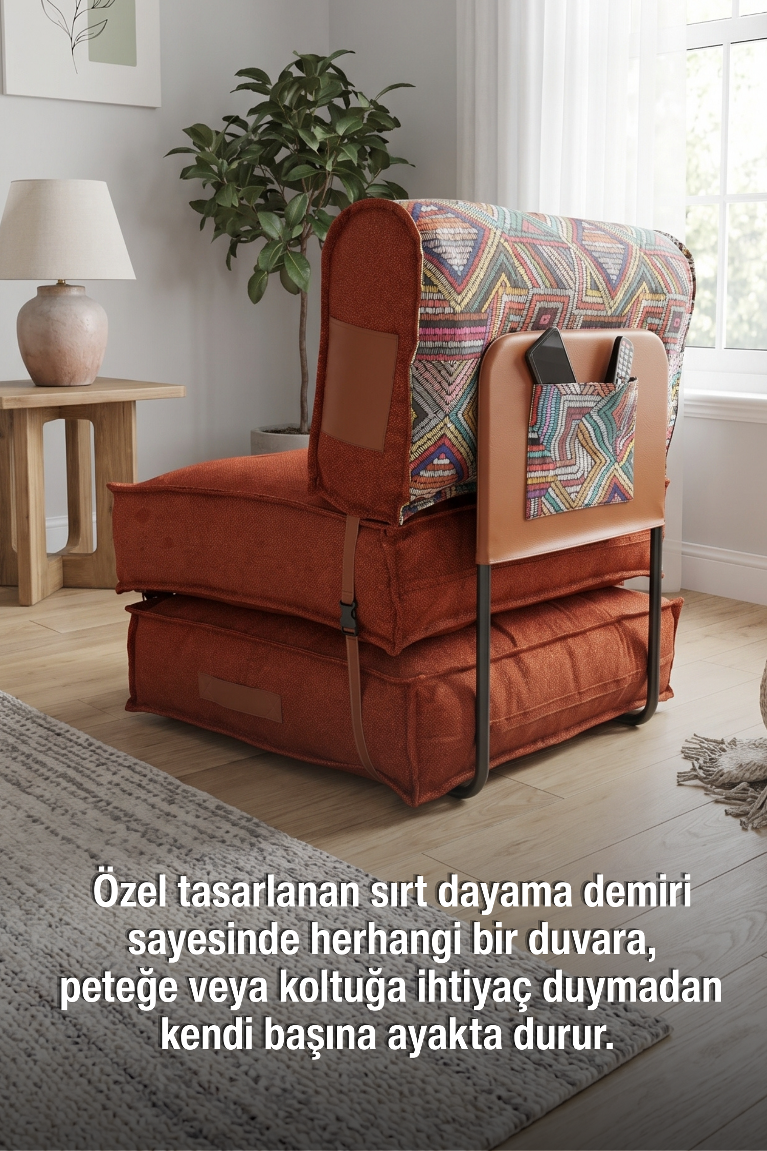 Pufymax Comfort Minder Koltuk Modüler Yer Koltuğu Sırt Destekli Oturma Minderi 75x75x85cm Yıkanabilir Fermuarlı Kiremit