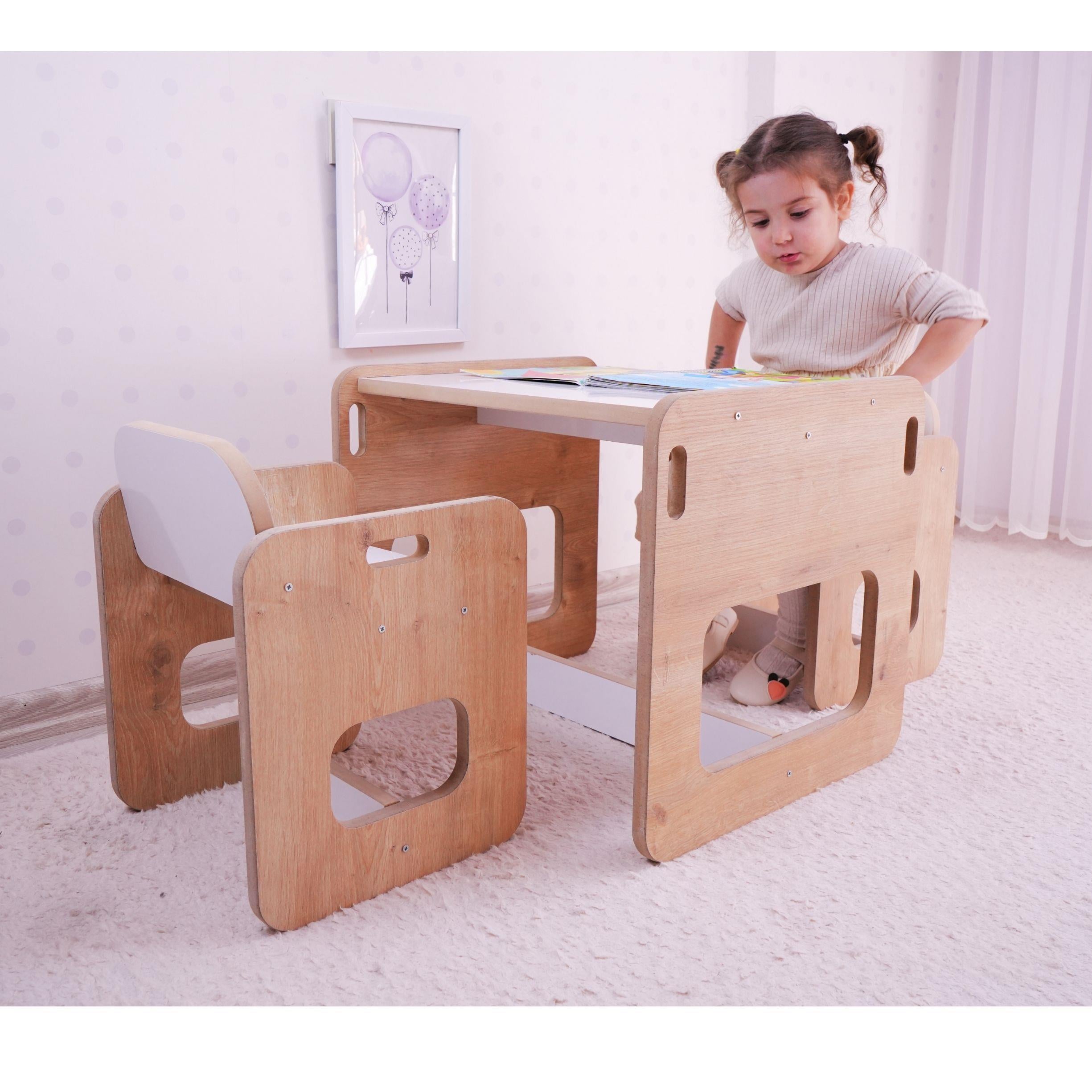 Montessori Çocuk Oyun ve Aktivite Masası Beyaz 1 Masa & 2 Turtle Sandalye