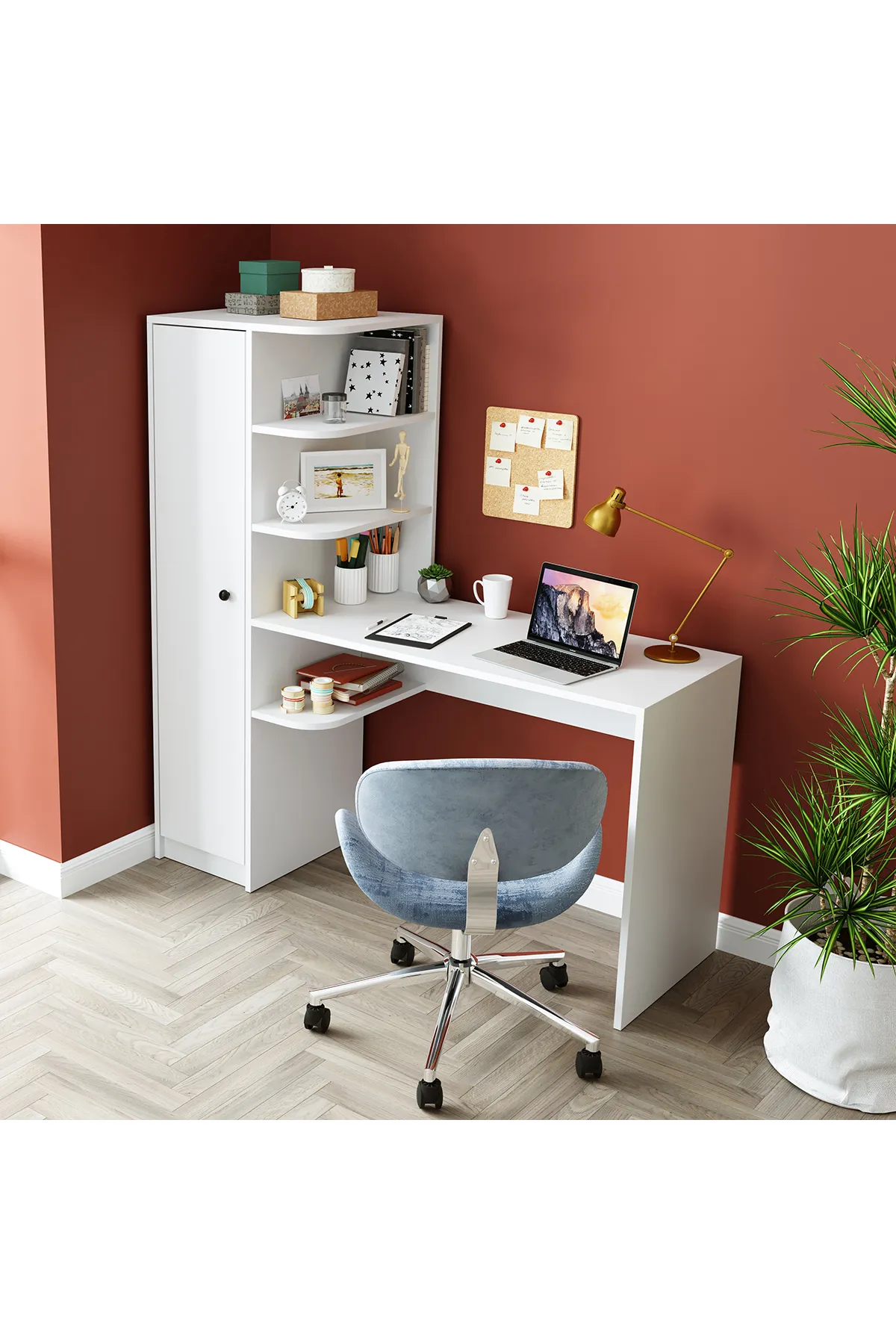 Roomart Roma Raflı Çalışma Masası, Çalışma Ofis Masası Sol Dolap Mat Beyaz