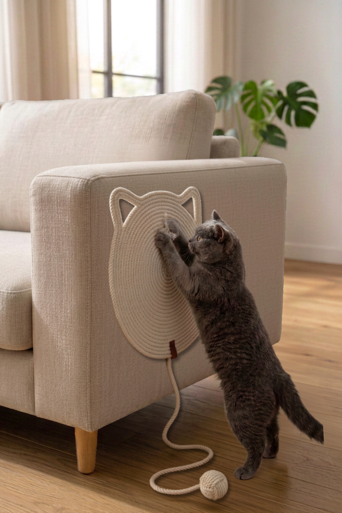 Reyo Pet El Yapımı Oyuncaklı Kedi Tırmalama Matı %100 Pamuk İpli Beyaz