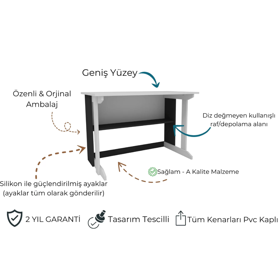 Enda Home Pillar Kütüphaneli Geniş Çalışma Masası 100x56 Cm Beyaz - Antrasit