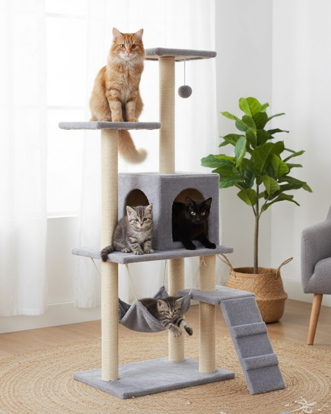 Reyo Pet B-07 Hamaklı Yuvalı Lüx Kedi Tırmalama Oyun Evi Gri