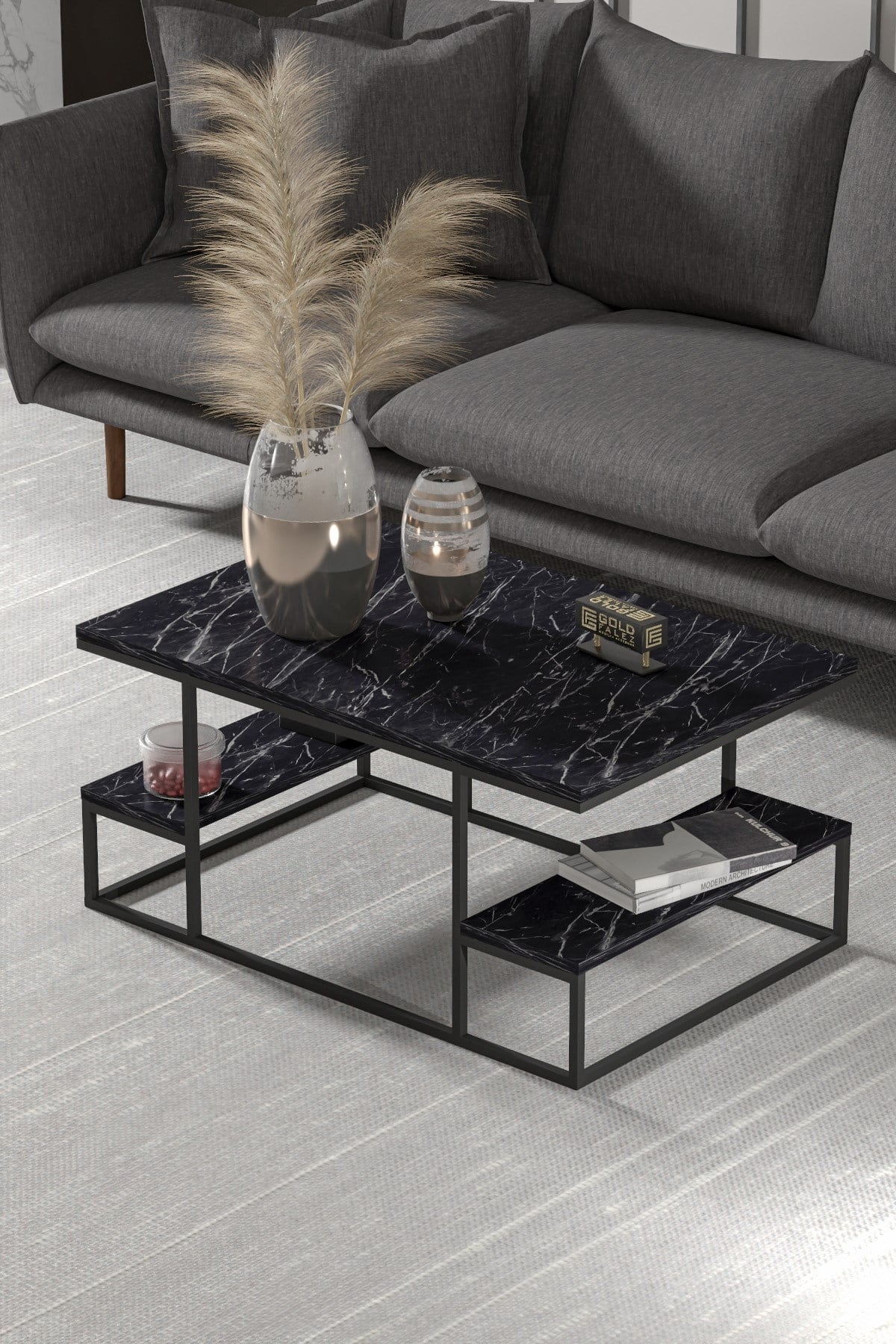 Reyo Falez Deluxe Raflı Orta Sehpa 60x90 cm Modern Dikdörtgen Orta Sehpa Siyah Mermer Desen