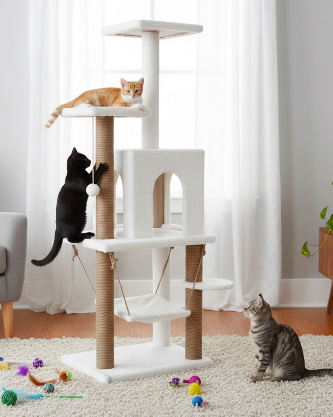 Reyo Pet Y01 Salıncaklı Yuvalı Lüx Kedi Tırmalama Oyun Evi Beyaz