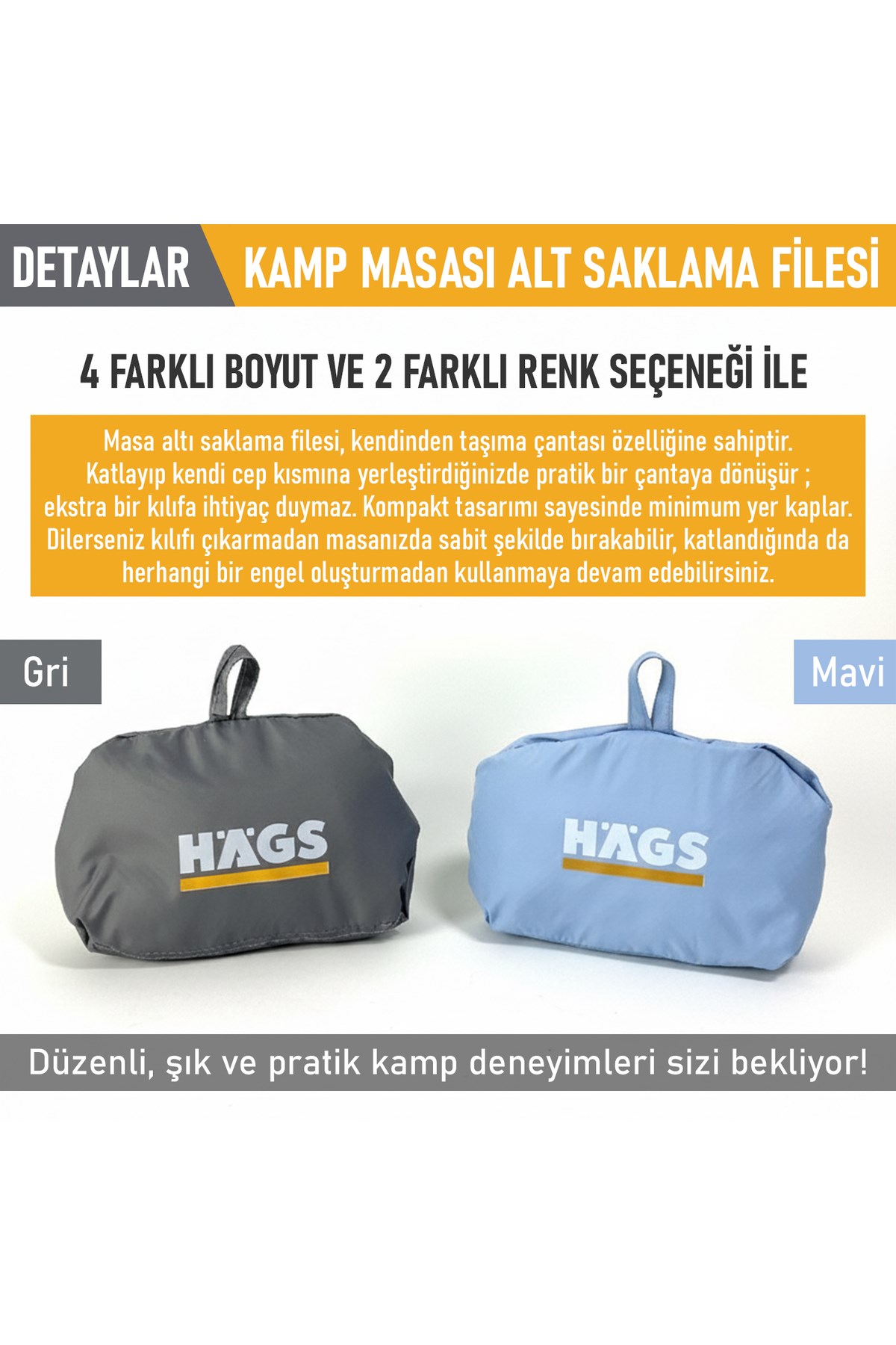 Haegs Masa Altı Saklama Filesi, Kamp için Masa Altı Eşya Depolama, Düzenleyici Organizer Kese File  XL  / 80x40 cm - Gri