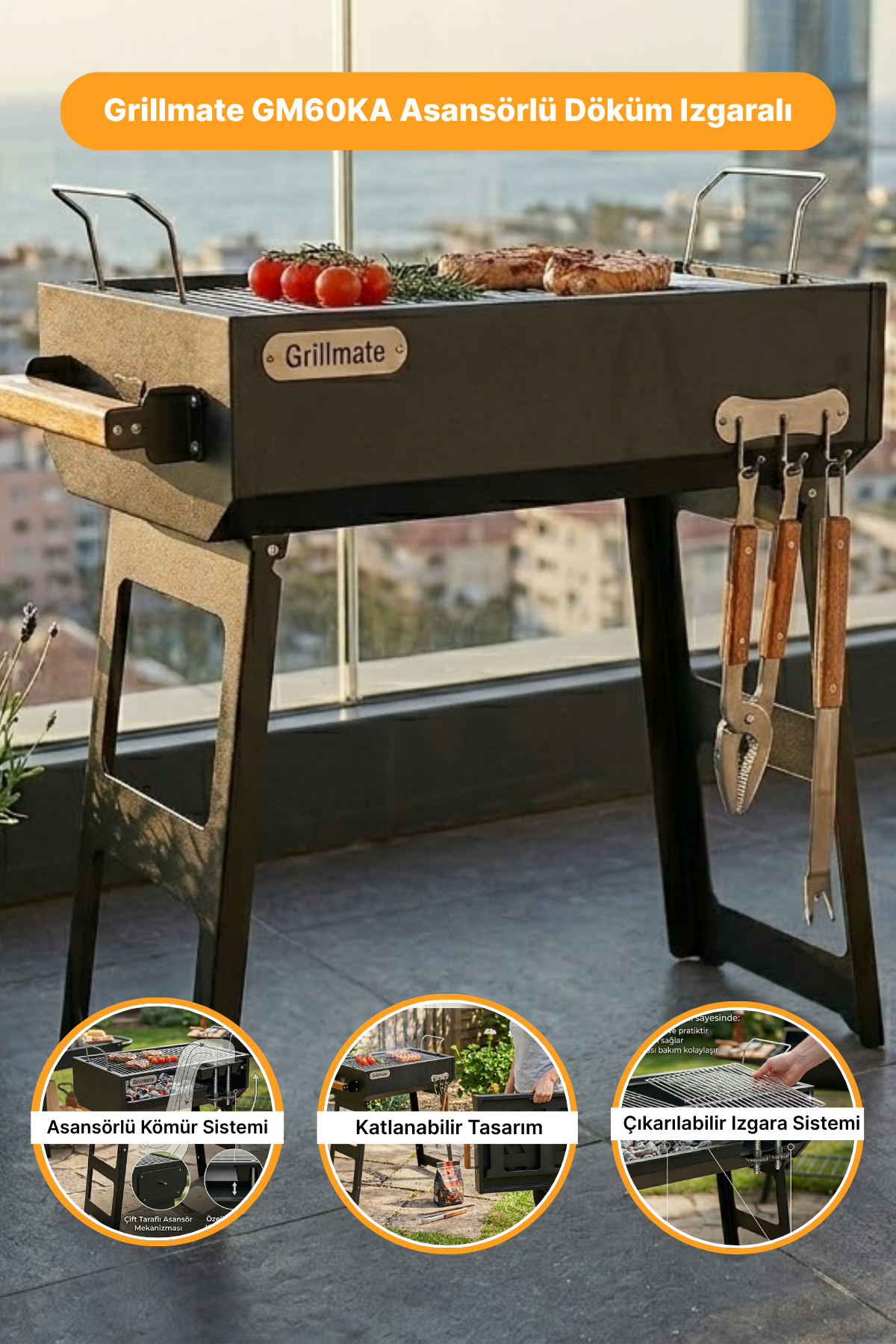 Grillmate GM60KA Asansörlü Döküm Izgaralı Katlanır Barbekü Mangal
