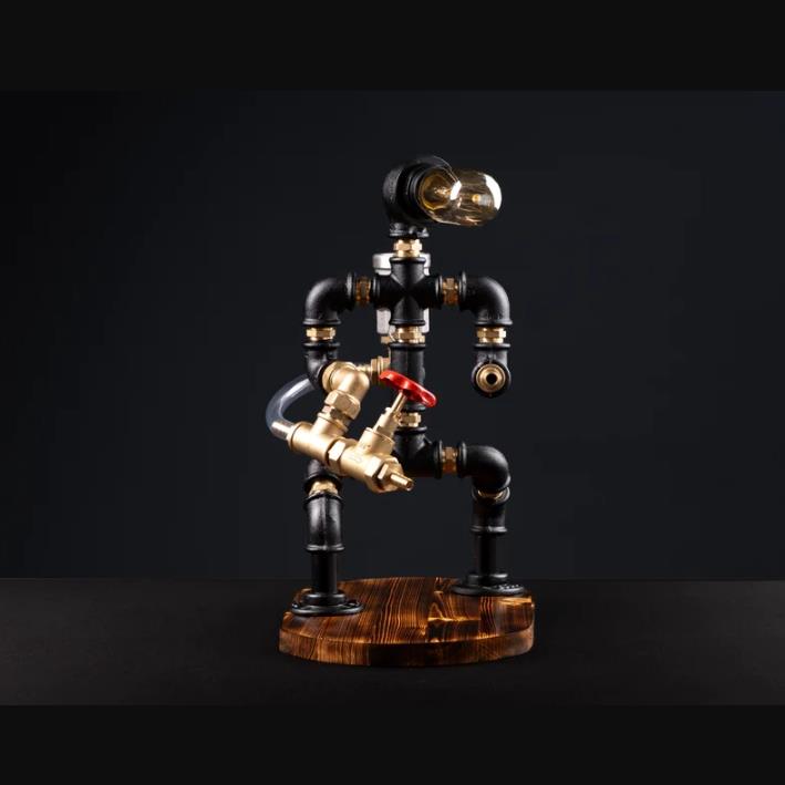 Rustik Atölye İtfaiyeci Masa Lambalı Lampenser İçki Musluğu Koyu Ceviz