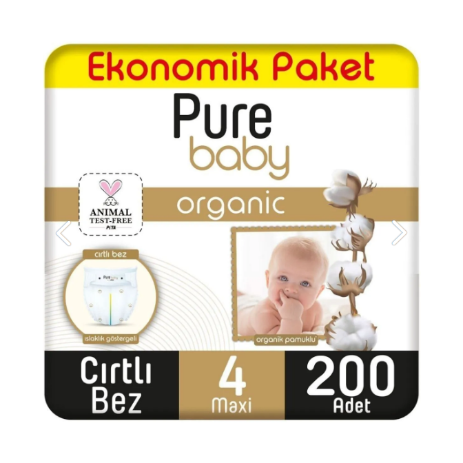 Pure Baby Organik Pamuklu Cırtlı Bez Ekonomik Paket 4 Numara Maxi 200 Adet