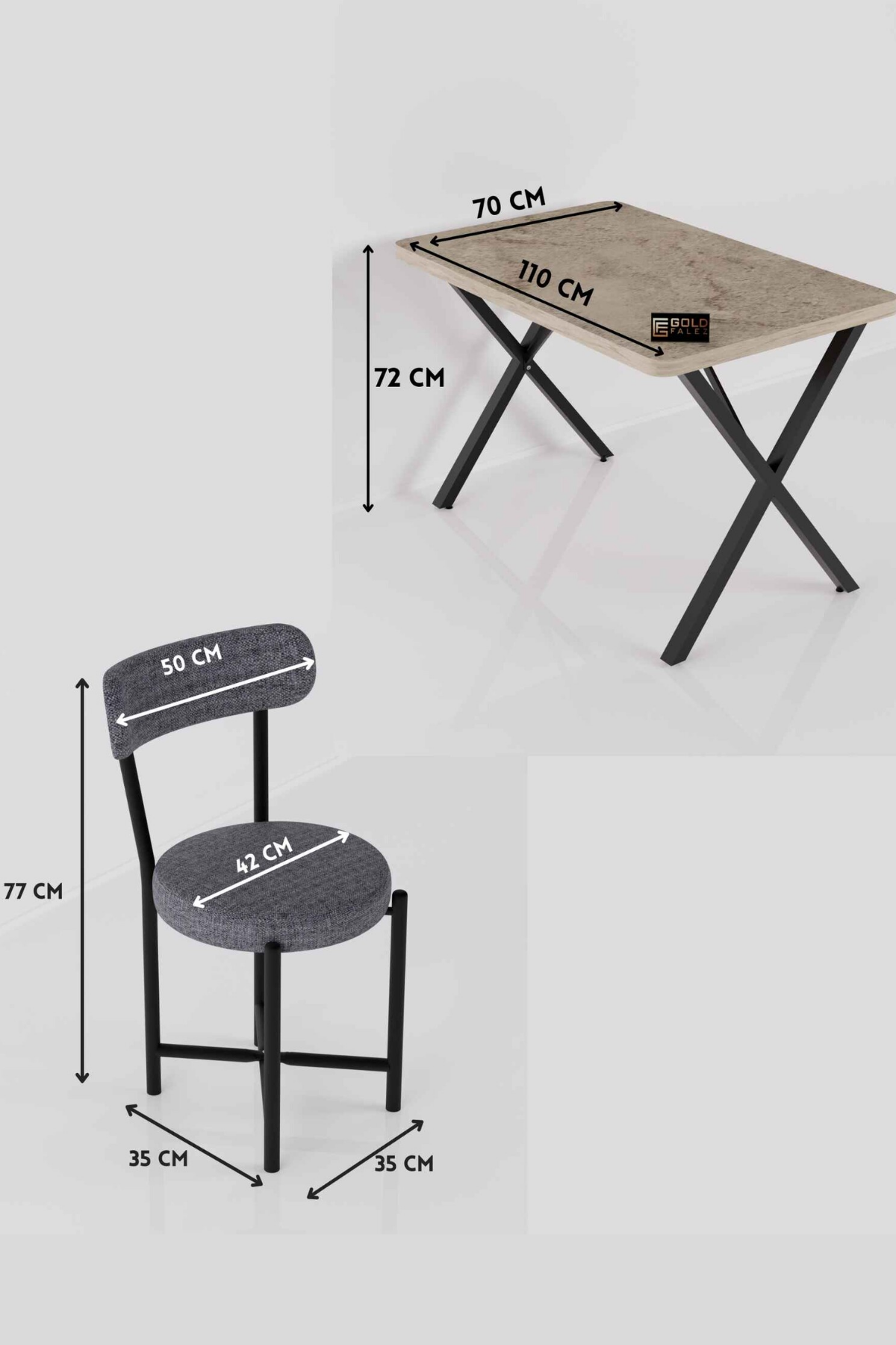Reyo Falez Elma 110x70 cm Masa Takımı 4 Sandalyeli Modern Mutfak Balkon Kafe Yemek Masası Seti Traverten - Antrasit 9883