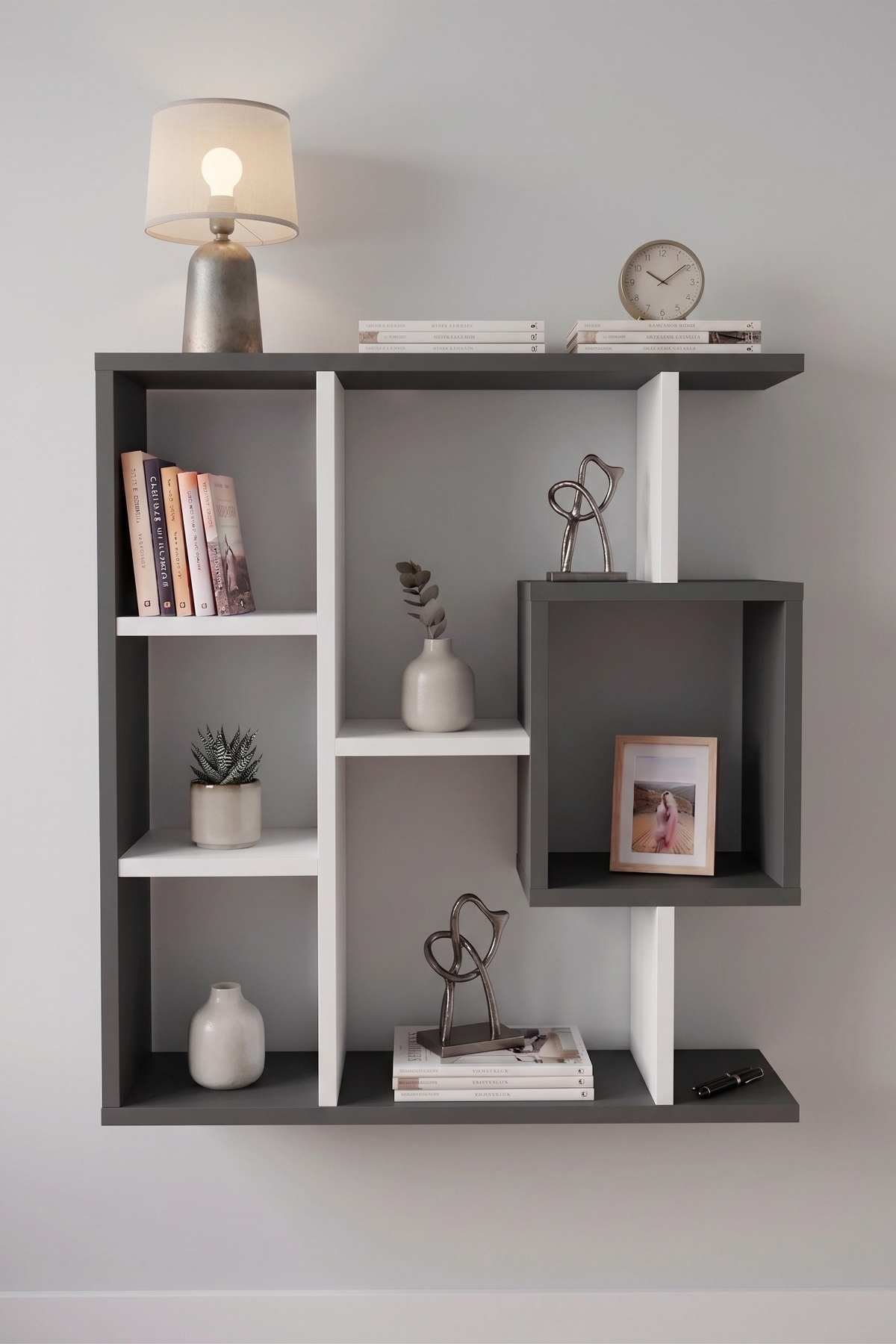 Enda Home Yegane Duvar Rafı, Duvar Kitaplığı, Dekoratif Kitaplık, Modern Kitaplık, Zeminde veya Duvarda Kullanıma Uygun Beyaz - Antrasit