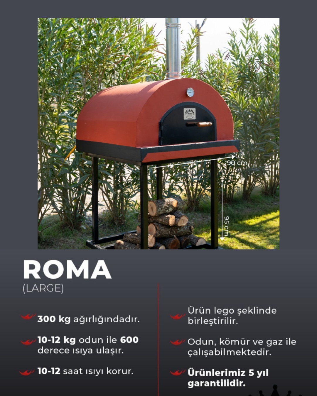 By Chef Roma Large 90cm Kapaklı Termometreli Taş Fırın