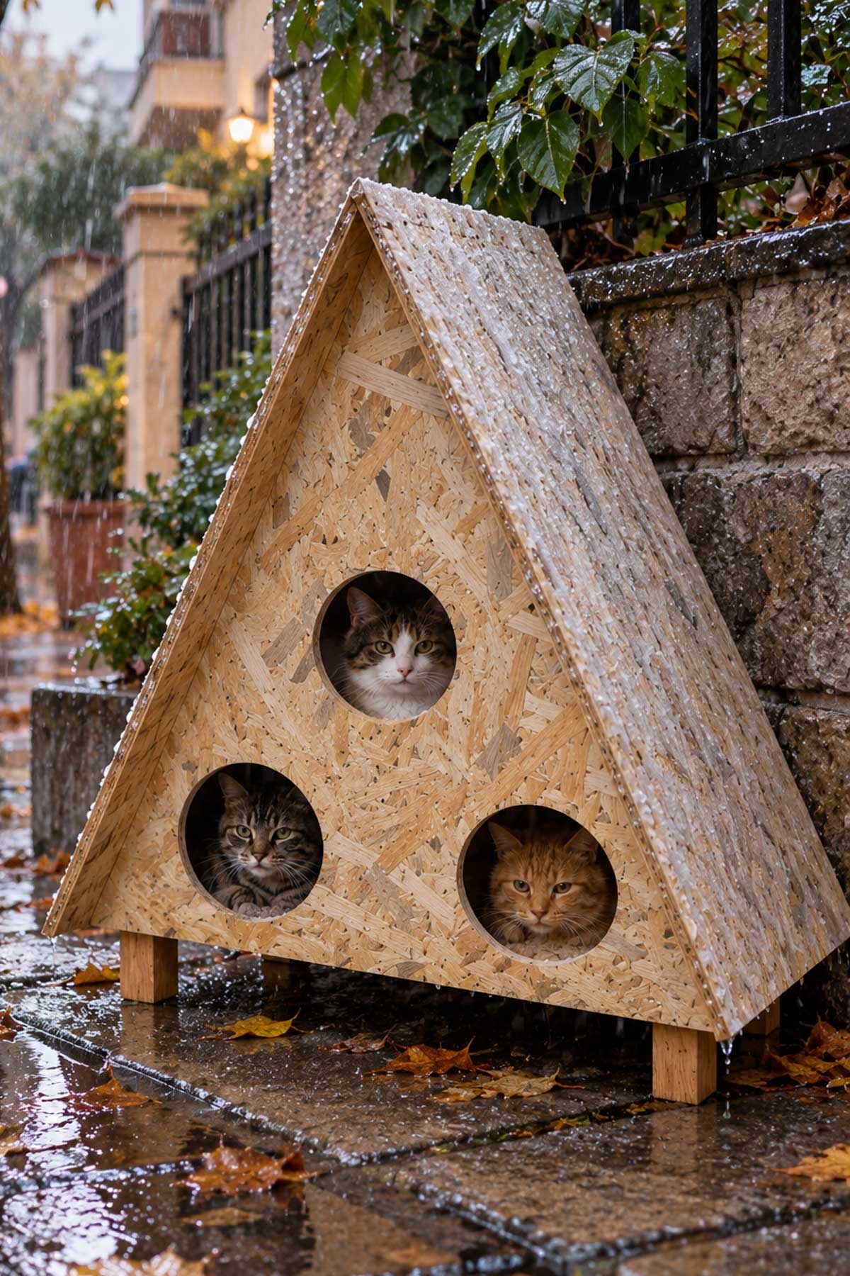 Reyo 3 Bölmeli 3 Kedilik Büyük Boy Kedi Evi, Dış Ortam Uygun Ahşap Kedi Yuvası, Kedi Barınağı OSB 78x76x35 cm CAT21