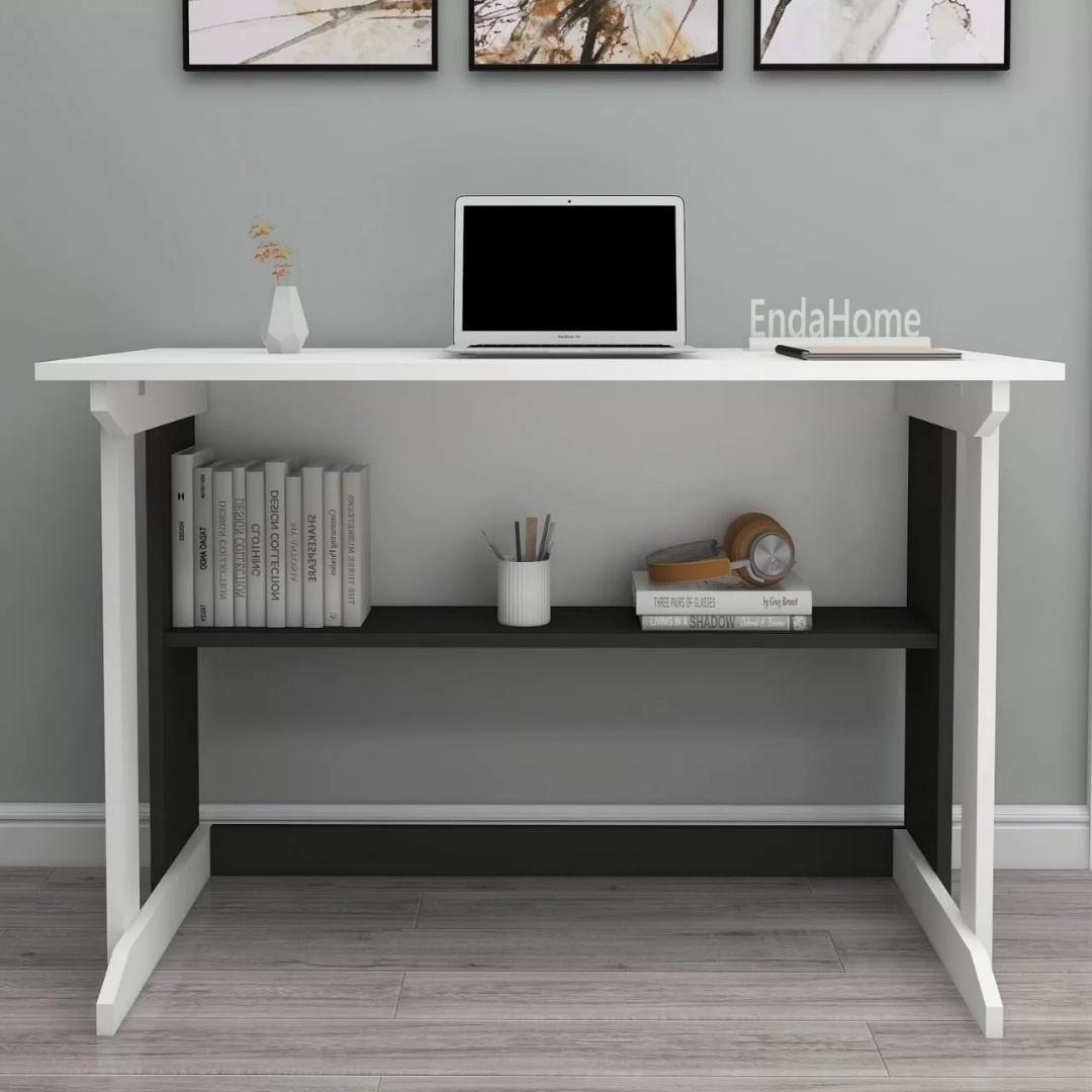 Enda Home Pillar Kütüphaneli Geniş Çalışma Masası 100x56 Cm Beyaz - Antrasit