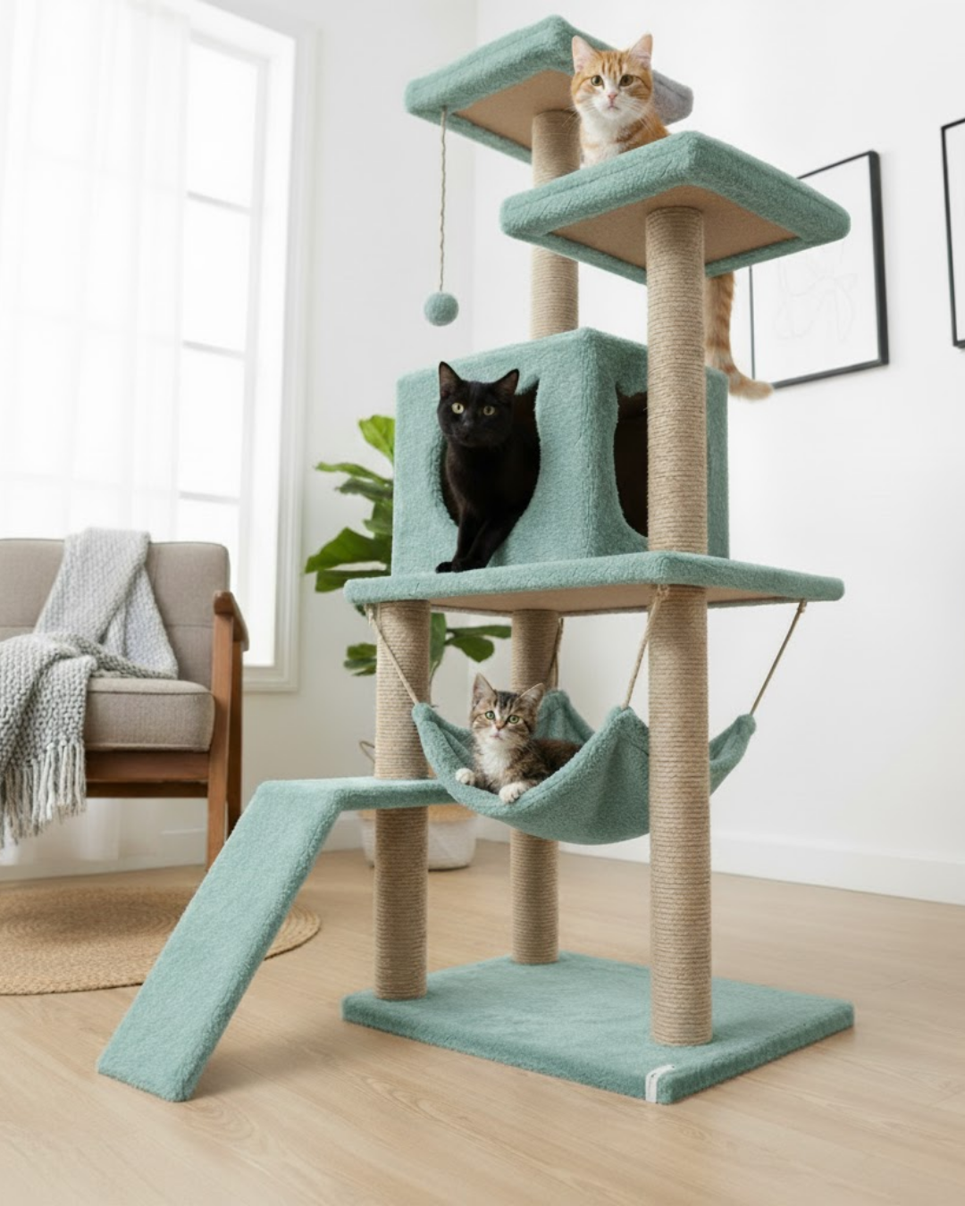 Reyo Pet S9 Kedi Tırmalama Kulesi Platformlu 124 cm Turkuaz
