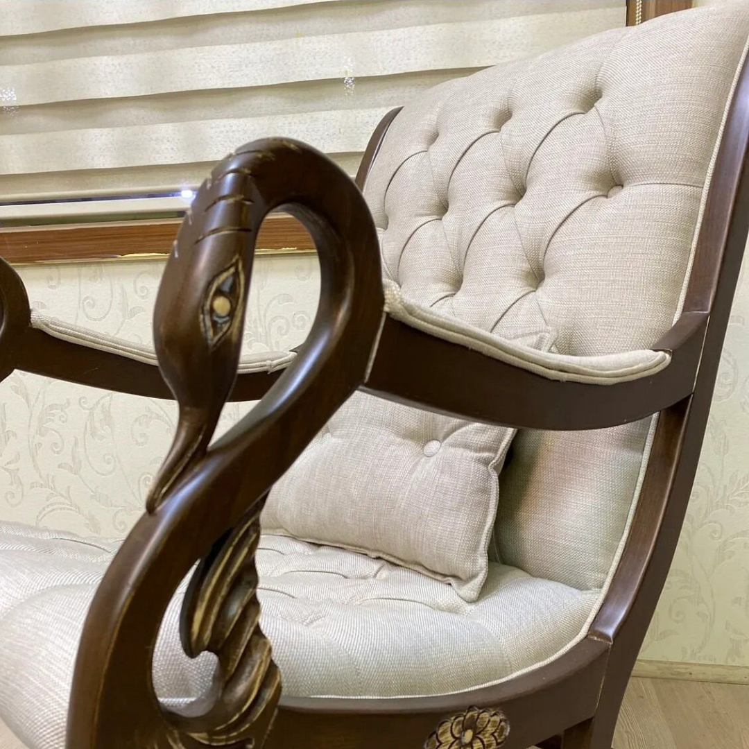 Asedia Vintage Kuğu Ceviz Krem El Oyması Ahşap Sallanan Sandalye Dinlenme Koltuğu Berjer