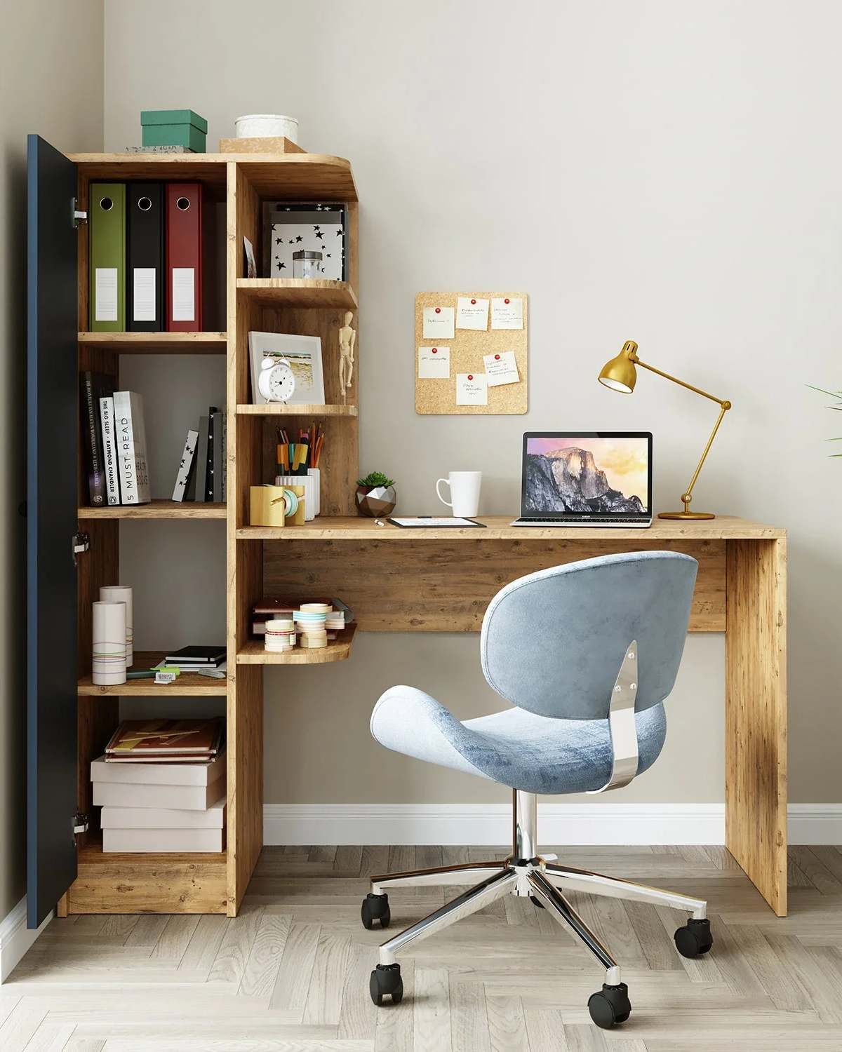 Roomart Raflı Çalışma Masası, Çalışma Ofis Masası Sol Dolaplı Atlantik Çam - Antrasit