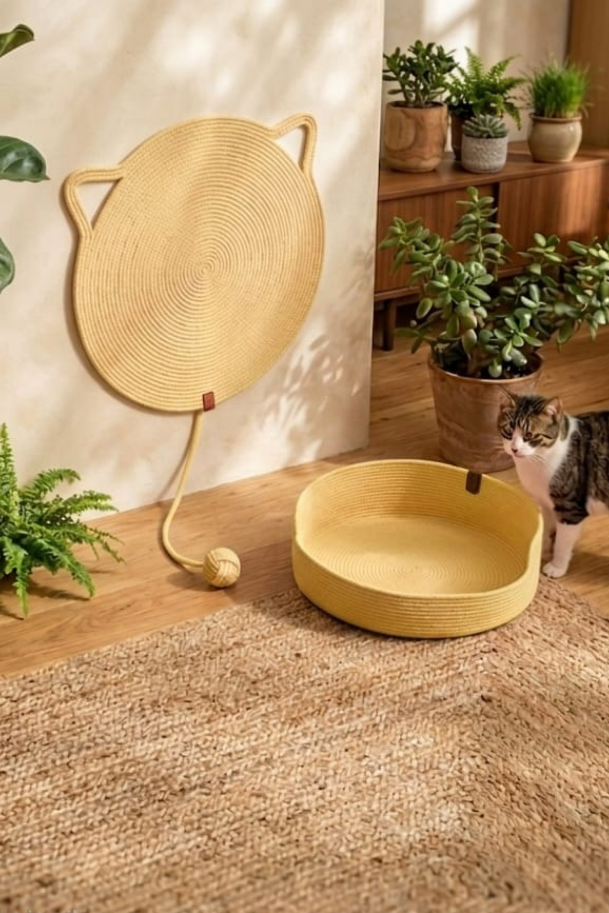 Reyo Pet El Yapımı Oyuncaklı Kedi Tırmalama Matı Tress İpli Açık Sarı