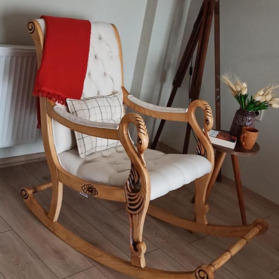 Asedia Vintage Kuğu Naturel Krem El Oyması Ahşap Sallanan Sandalye Dinlenme Koltuğu Berjer