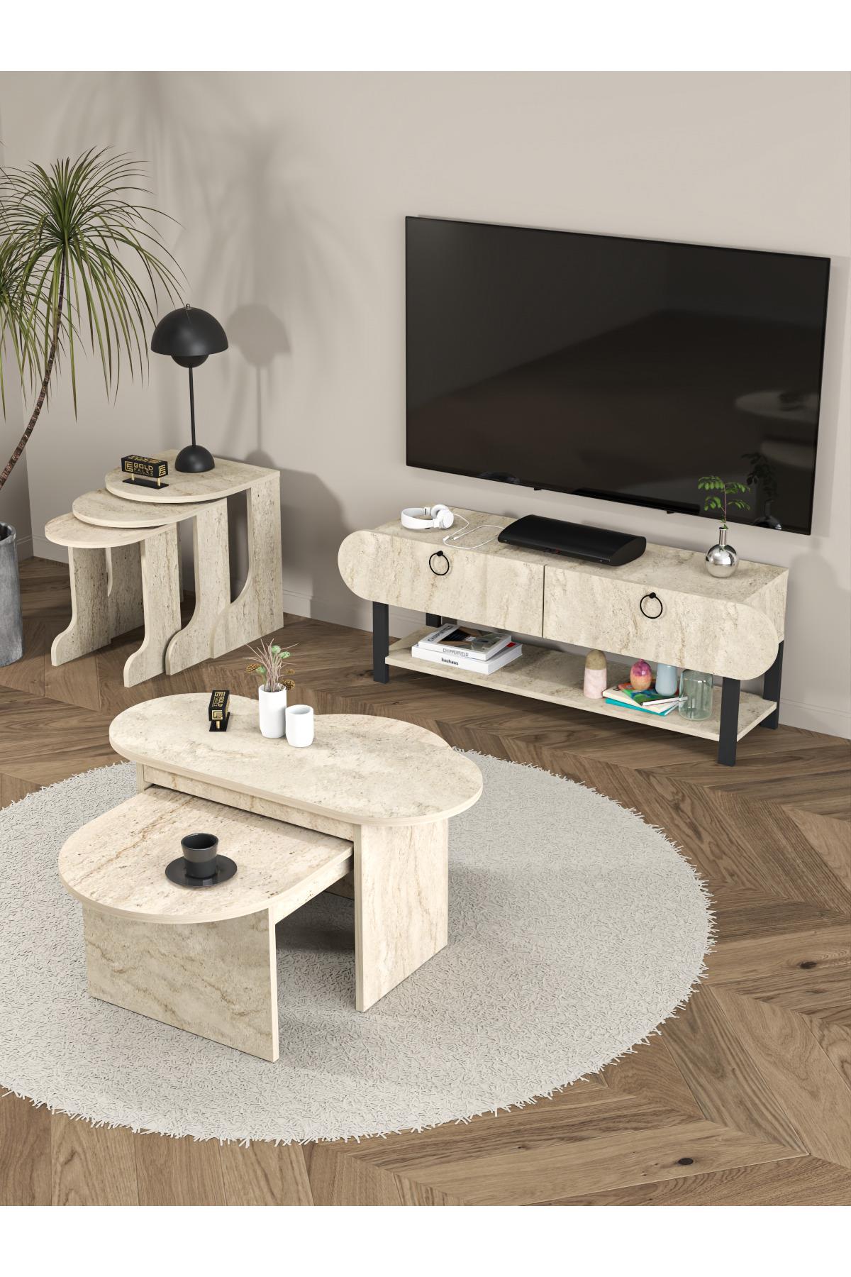 GoldFalez Tv Sehpası Tv Ünitesi Kapaklı Raflı Setro Traverten