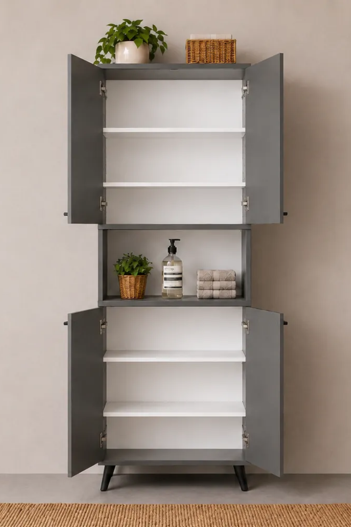 Enda Home Listra 4 Kapaklı Çok Amaçlı Dolap 170,8 cm,  Raflı, Ayaklı Depolama Dolabı - Antrasit