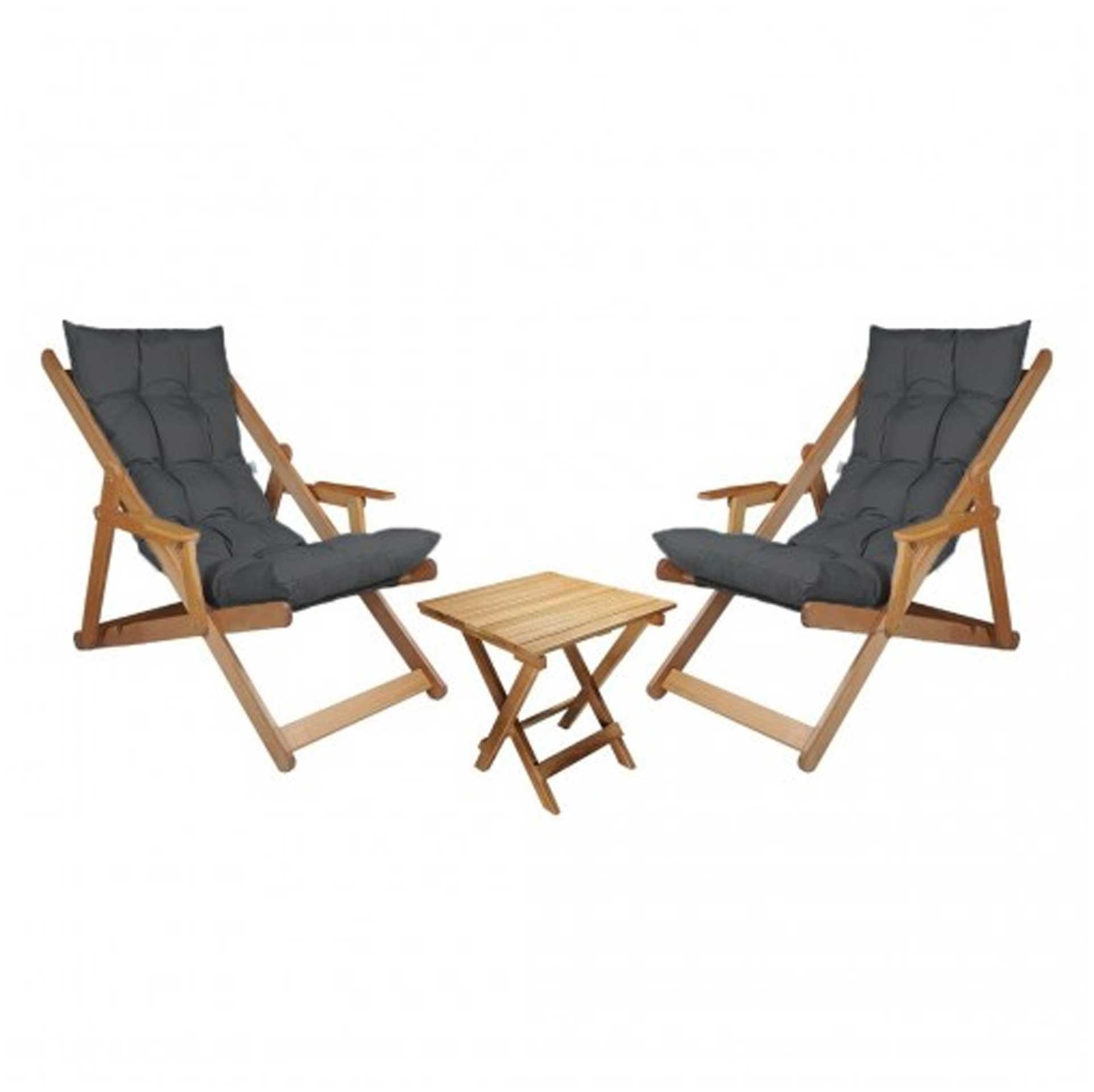Bysay Ahşap Katlanabilir Taşinir Puf Minderli Kollu Şezlong Plaj Bahçe Teras Balkon Sandalyesi Koltuğu Takımı İçin 3 Lü Set Antrasit