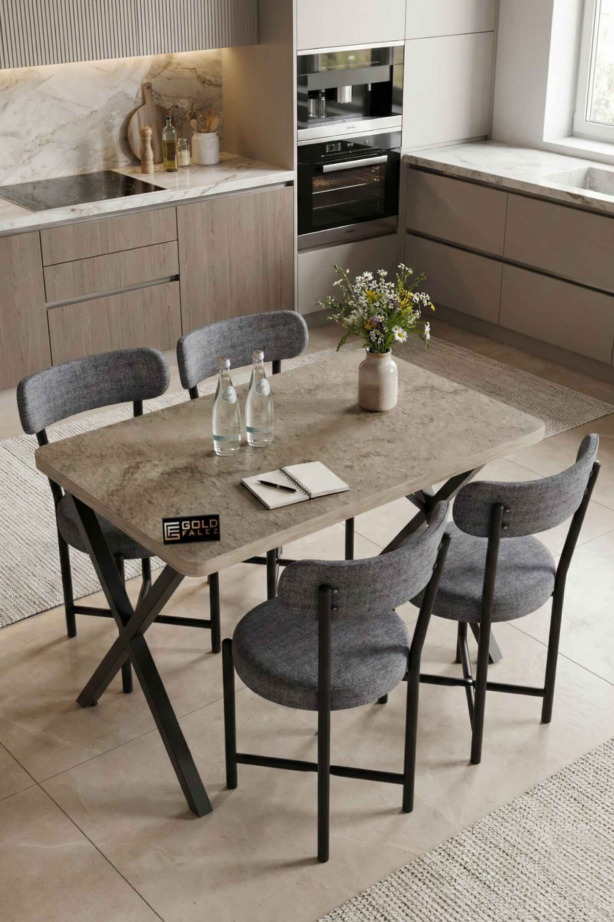 Reyo Falez Elma 110x70 cm Masa Takımı 4 Sandalyeli Modern Mutfak Balkon Kafe Yemek Masası Seti Traverten - Gri 9882