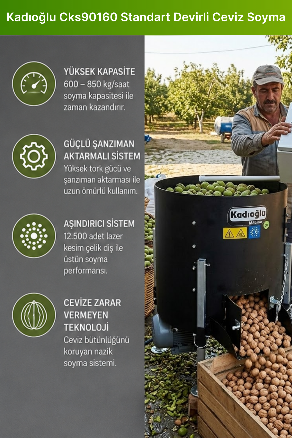 Kadıoğlu CKS90160D Ceviz Soyma Makinası Devir Ayarlı