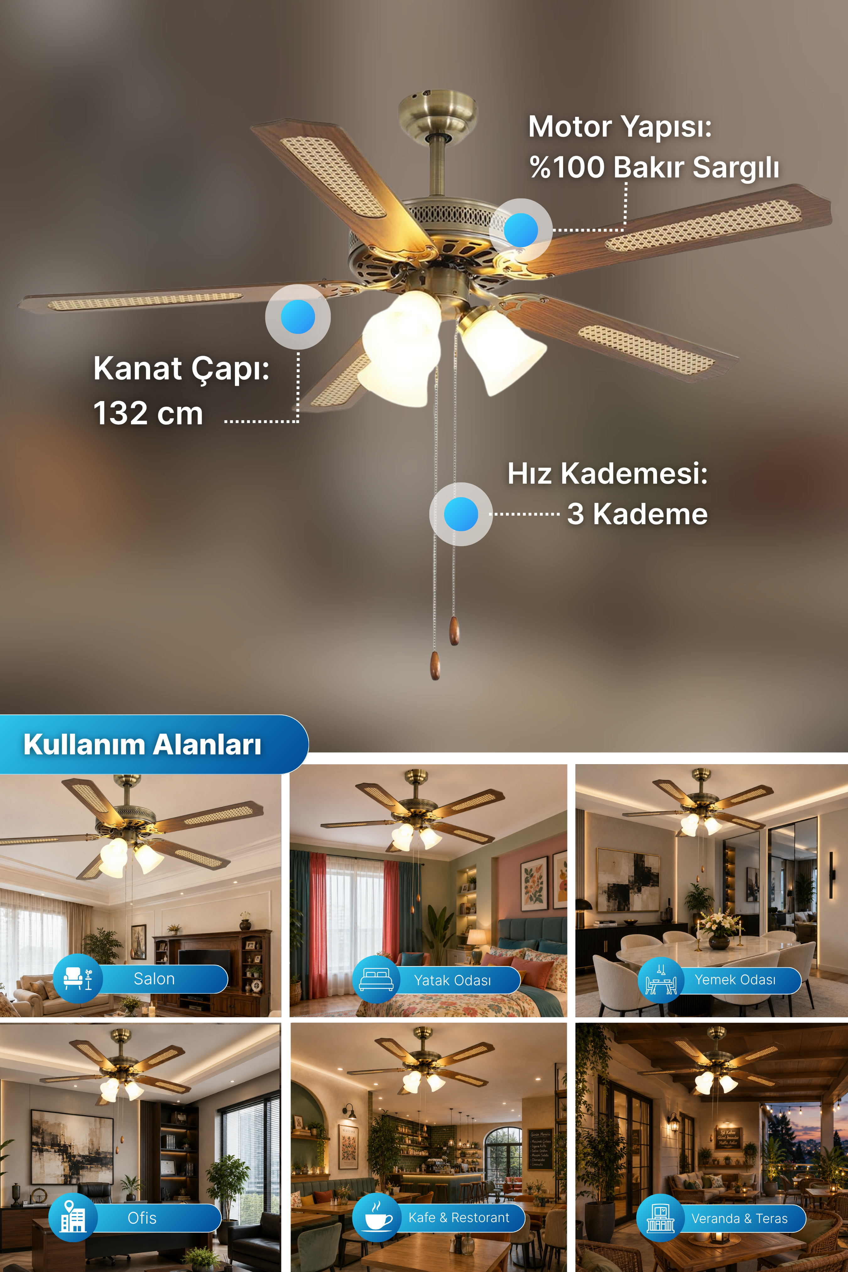 Reyo Lodos Ahşap 132cm İpli Bakır Motor 3 Lambalı Tavan Vantilatörü Ahşap
