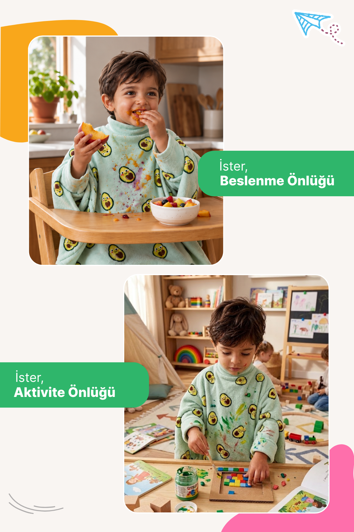 Reyo 6 Ay-6 Yaş Uzun Kollu Bebek Mama Önlüğü, Çocuk Aktivite Önlüğü, Pamuklu, Sıvı Geçirmez İç Katmanlı Havlu Bebek Beslenme Önlüğü - Avokado