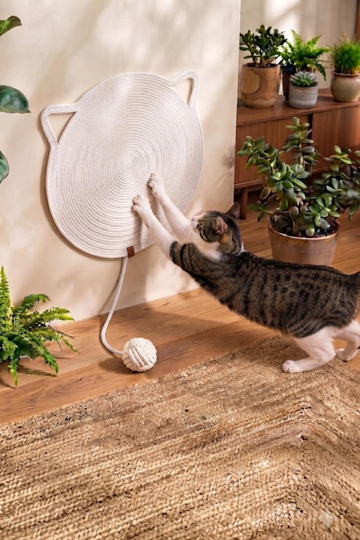 Reyo Pet El Yapımı Oyuncaklı Kedi Tırmalama Matı %100 Pamuk İpli Beyaz