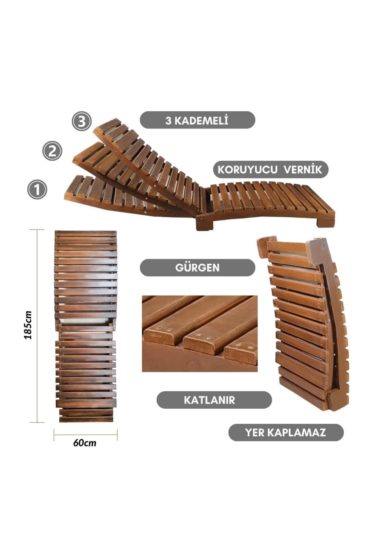 Bysay Ahşap Katlanabilir Yatar Şezlong 3 Kademe Plaj Yatağı Ceviz