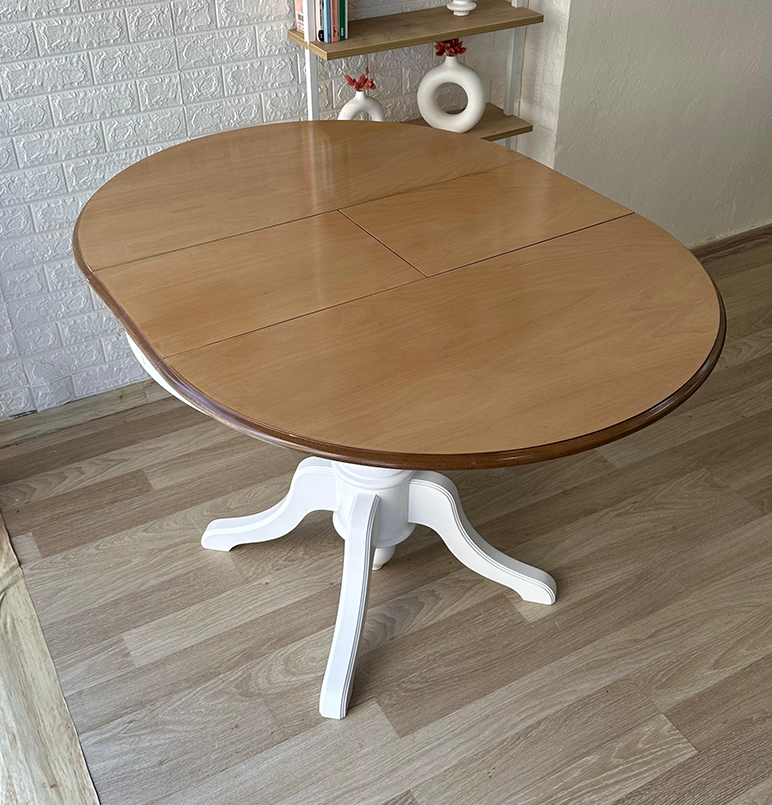 Reyo 100cm Açılır Yuvarlak Baba Ayaklı Masa Beyaz-Naturel