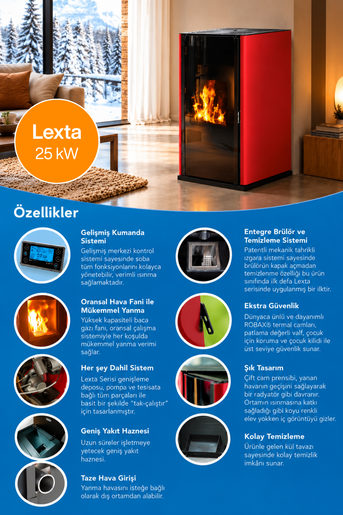 Arıkazan Lexta 25C 25kW Şömine Tipi Peletli Kalorifer Sobası