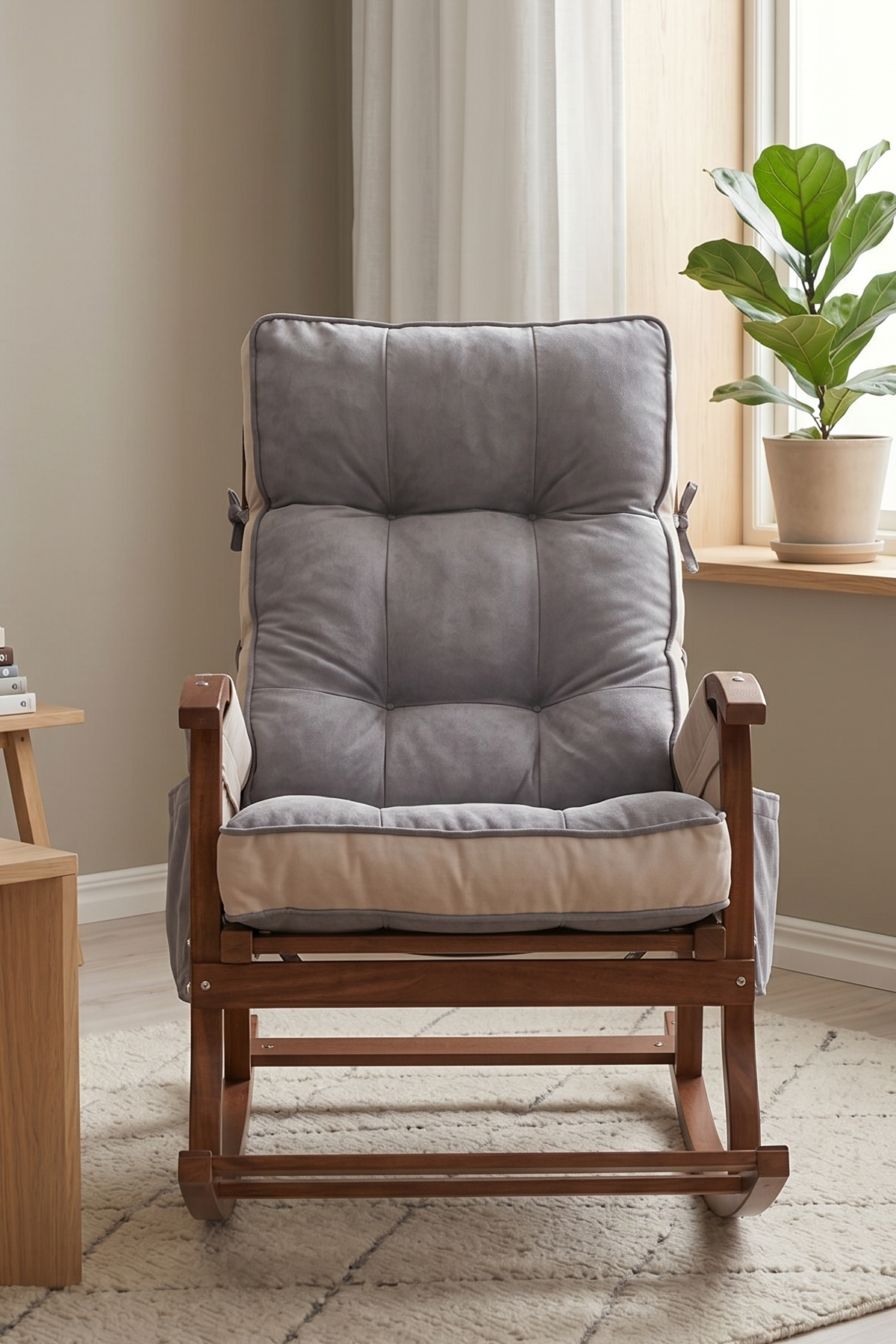 Reyo Sallanan Sandalye, Tv Koltuğu, Baba Koltuğu, Kitap Okuma Koltuğu Ceviz Ahşap, Gri Krem