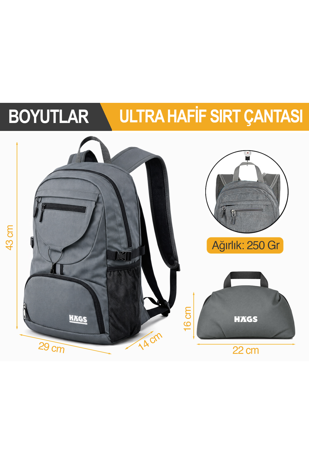 HAEGS Küçük, Hafif, Katlanabilir Günlük Sırt Çantası, Ultra Hafif Seyahat, Yürüyüş, Kamp, Günlük Kullanım Çantası, Erkek ve Kadın İçin, 20 Lt, Gri