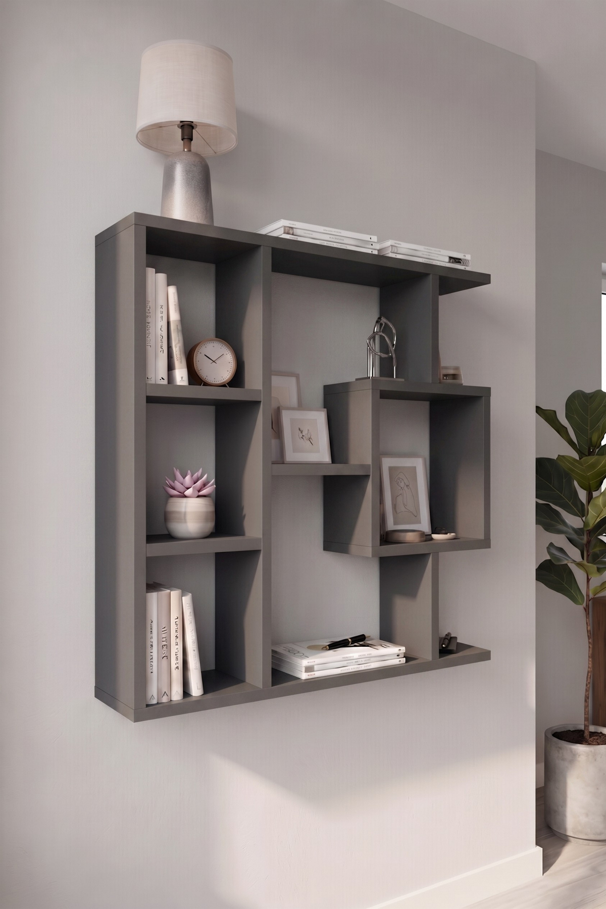 Enda Home Yegane Duvar Rafı, Duvar Kitaplığı, Dekoratif Kitaplık, Modern Kitaplık, Zeminde veya Duvarda Kullanıma Uygun Antrasit